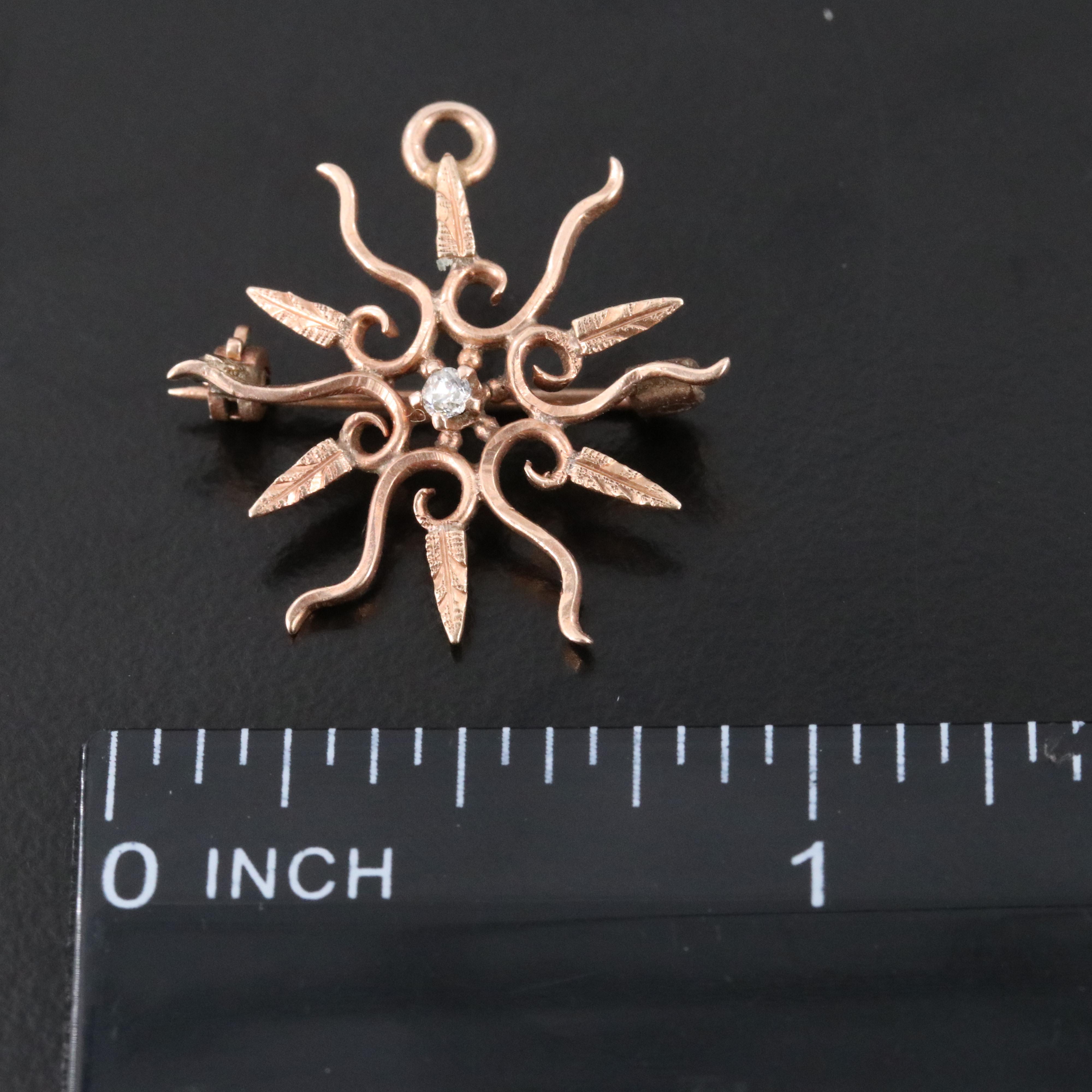 Antique 10K Rose Gold 0.02 CT Diamond Sunburst Converter Pin