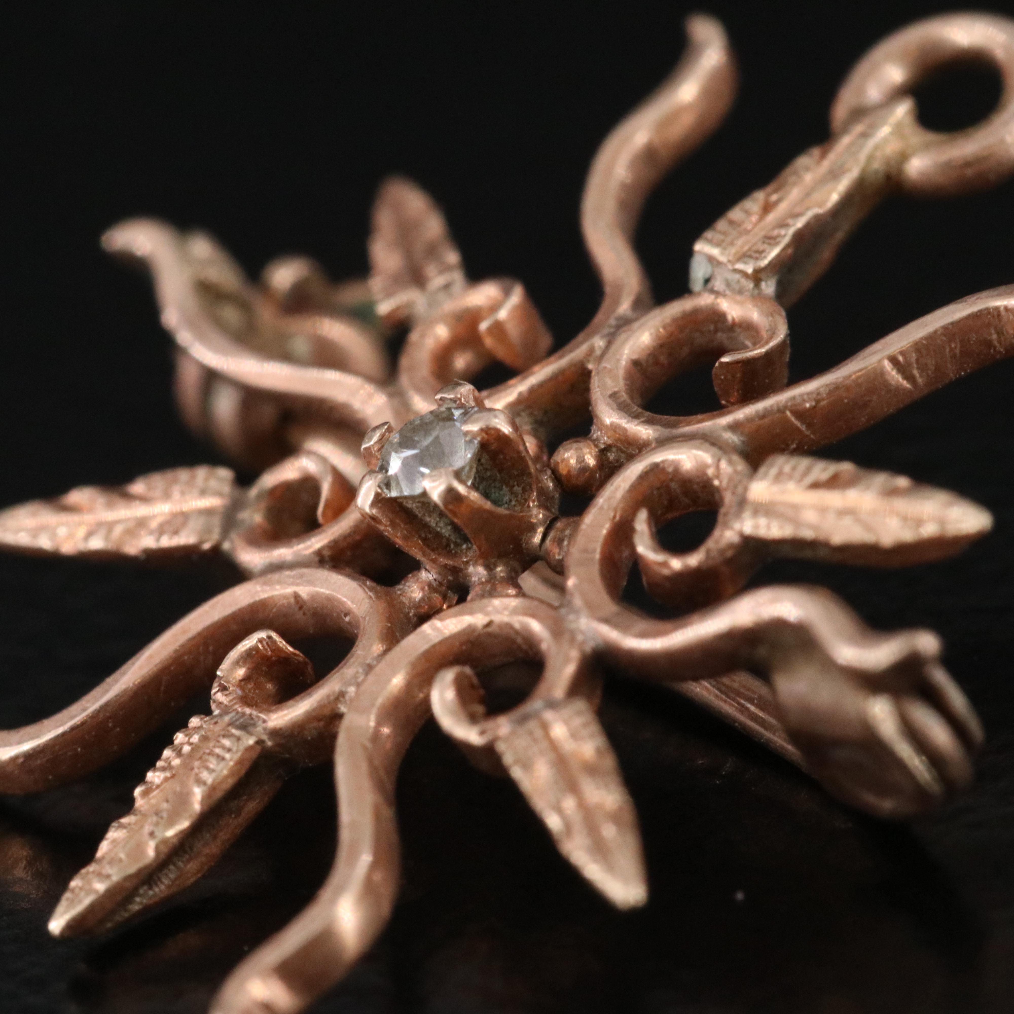 Antique 10K Rose Gold 0.02 CT Diamond Sunburst Converter Pin