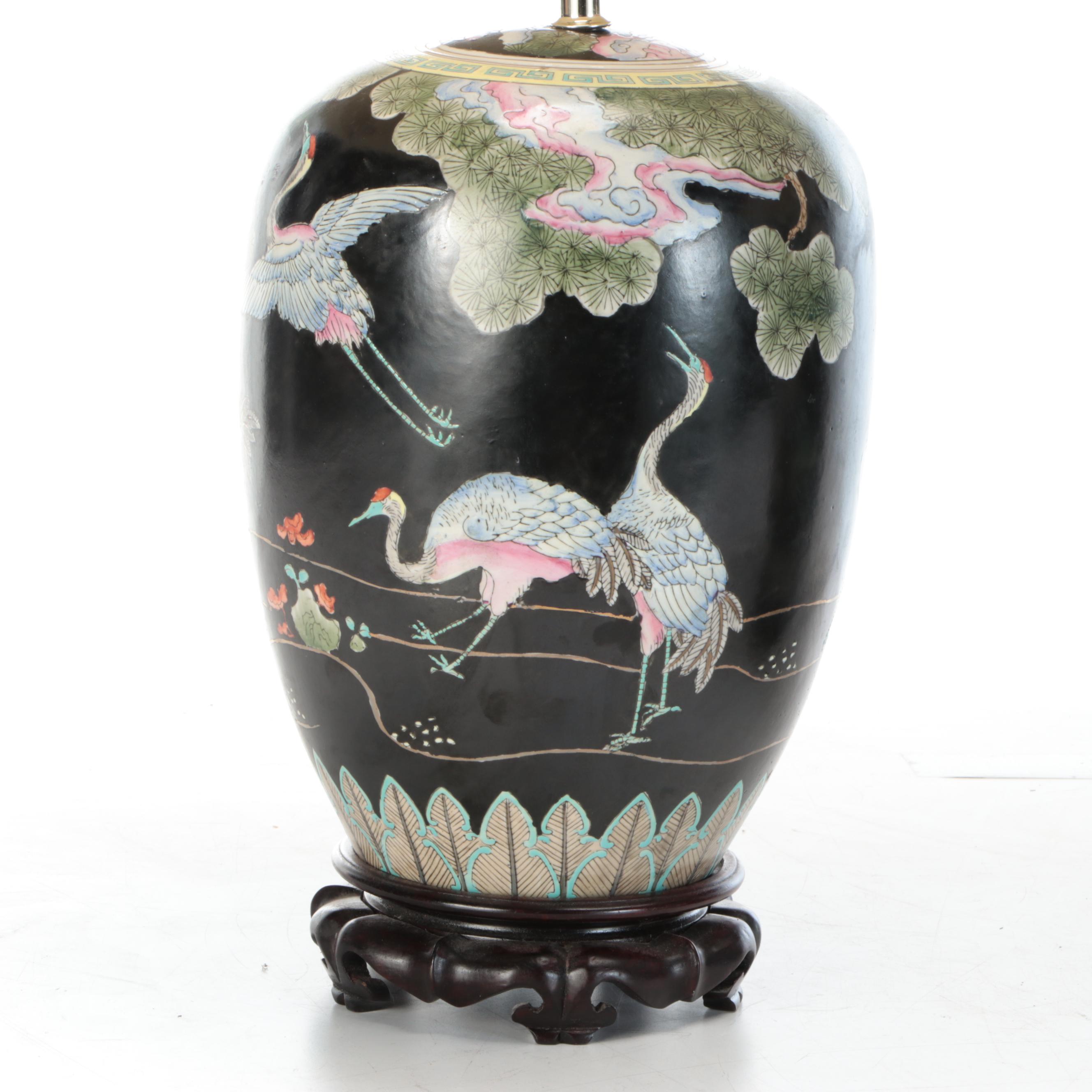 Chinese Famille Noire Porcelain Melon Jar Table Lamps with Red Silk Shades
