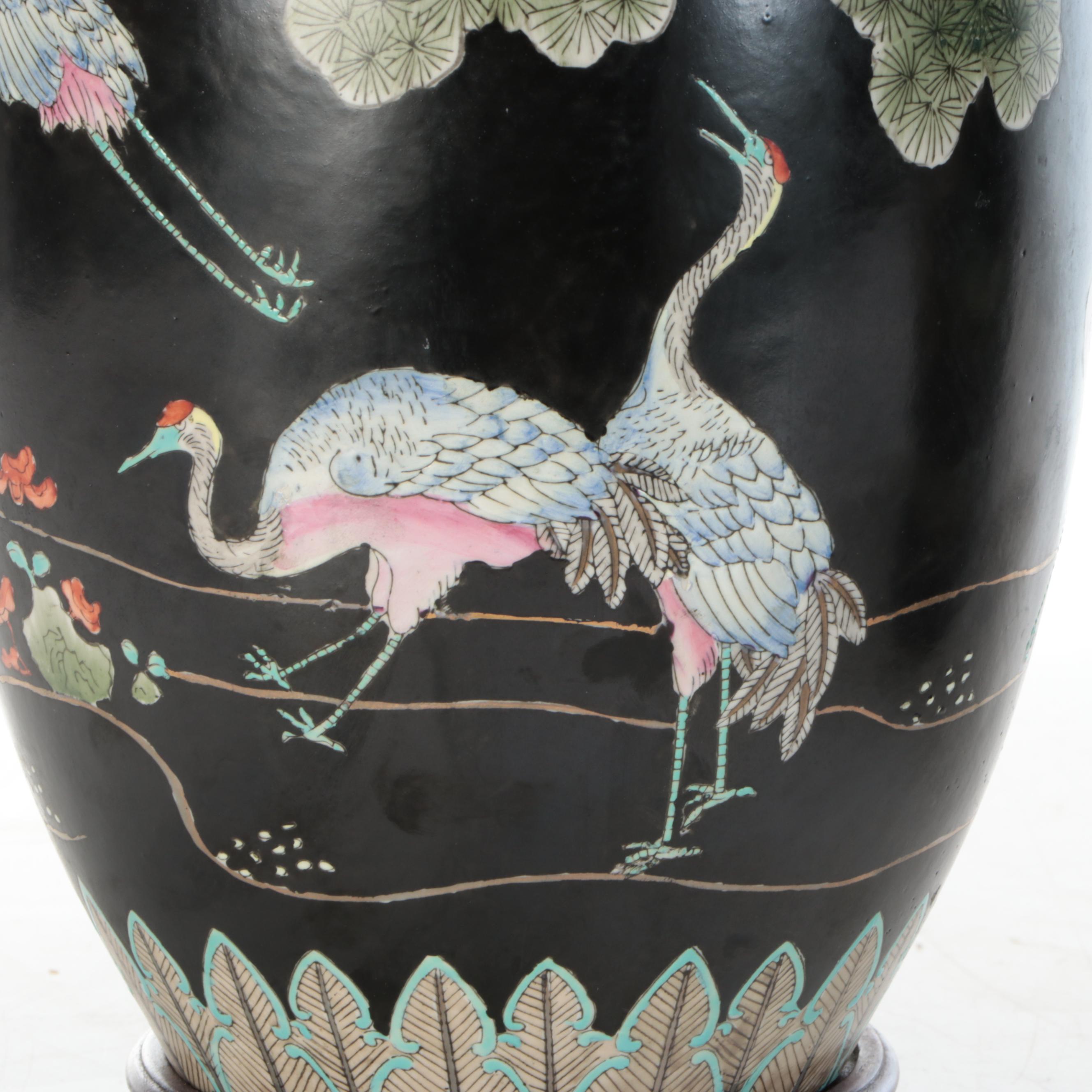 Chinese Famille Noire Porcelain Melon Jar Table Lamps with Red Silk Shades