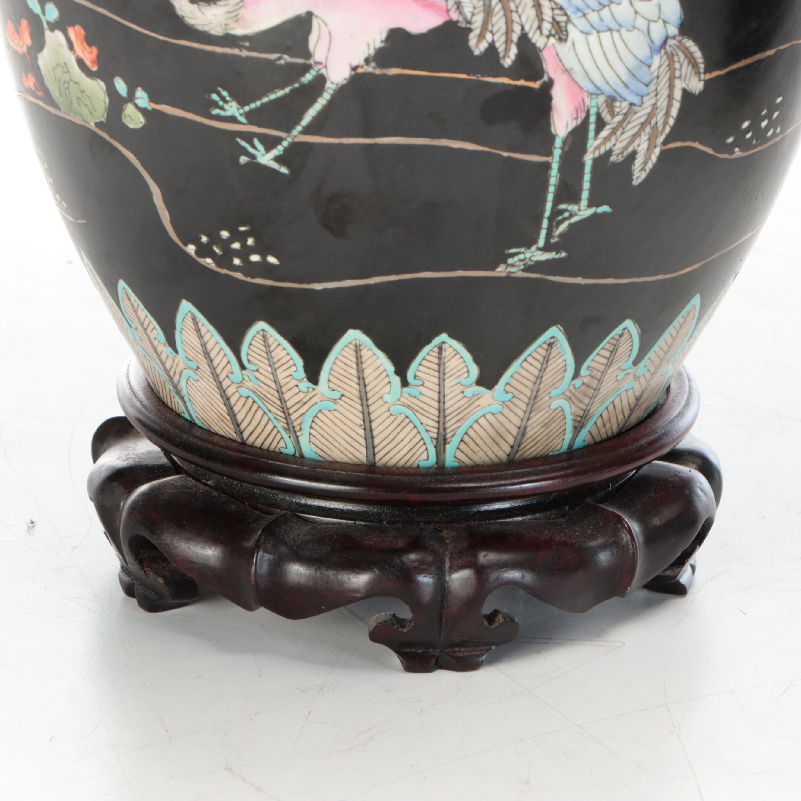 Chinese Famille Noire Porcelain Melon Jar Table Lamps with Red Silk Shades