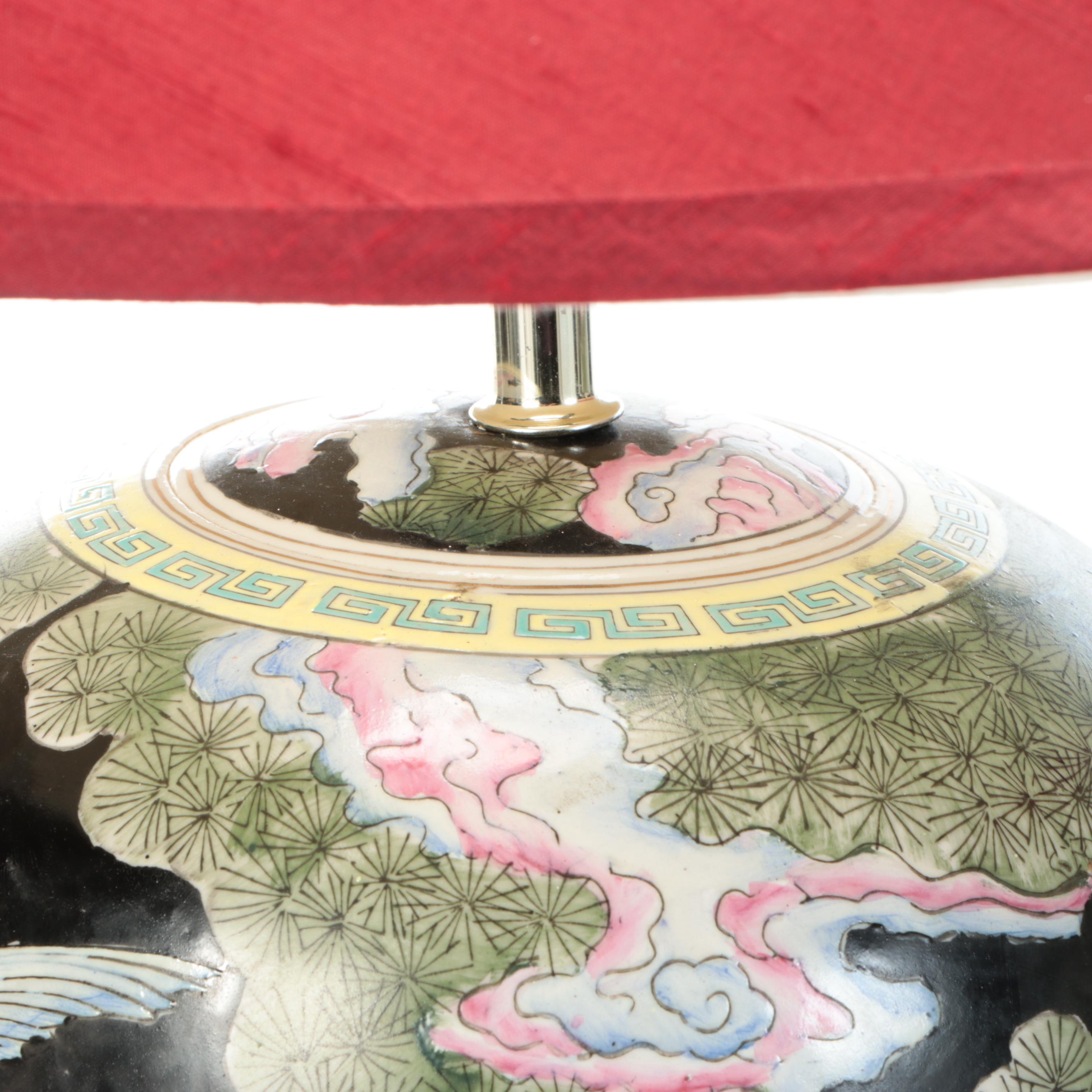 Chinese Famille Noire Porcelain Melon Jar Table Lamps with Red Silk Shades