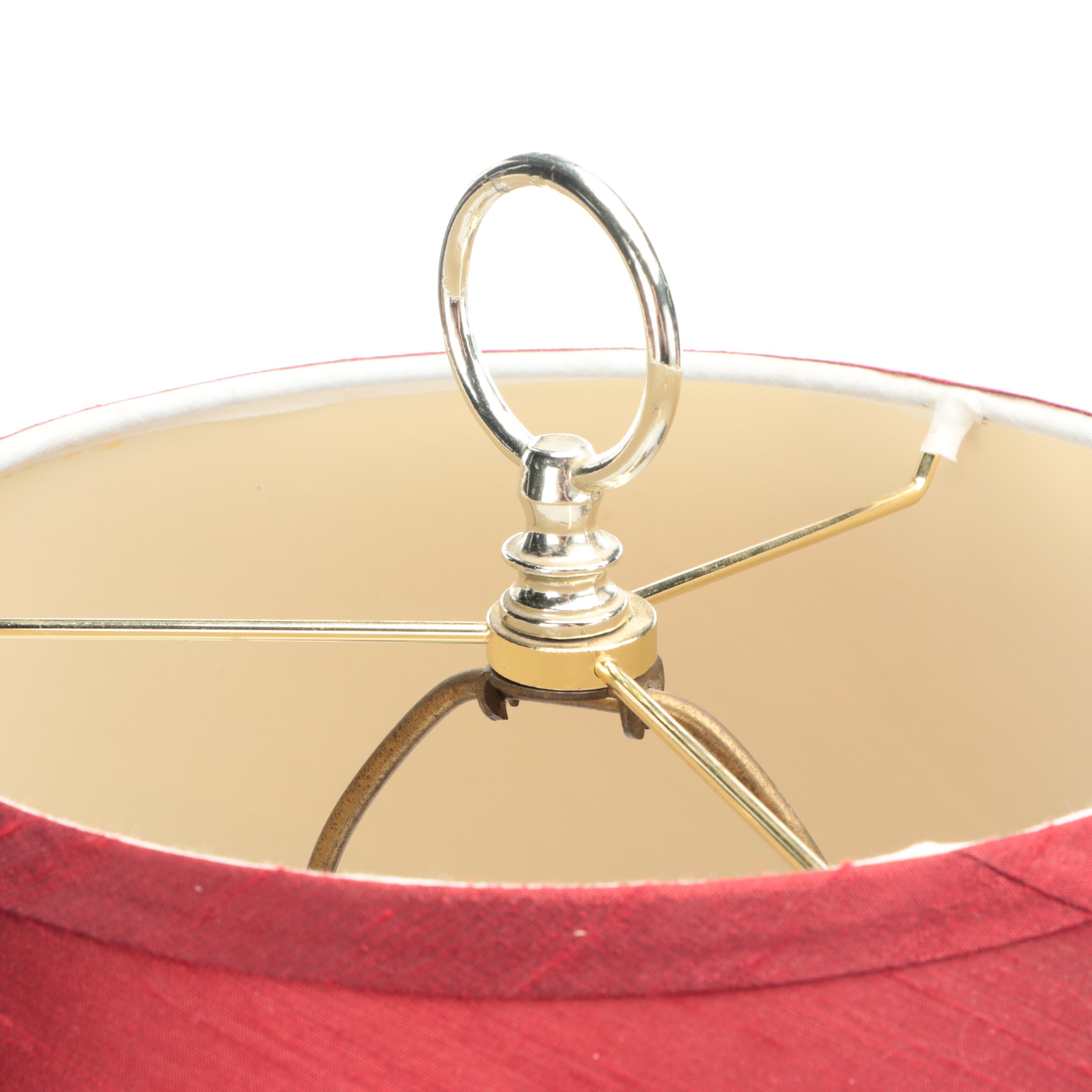 Chinese Famille Noire Porcelain Melon Jar Table Lamps with Red Silk Shades