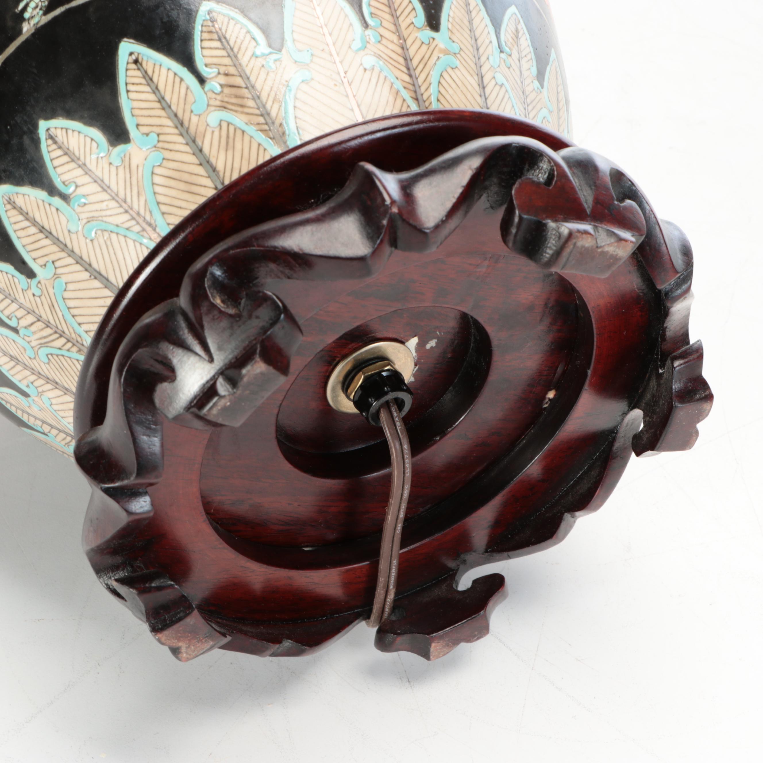 Chinese Famille Noire Porcelain Melon Jar Table Lamps with Red Silk Shades