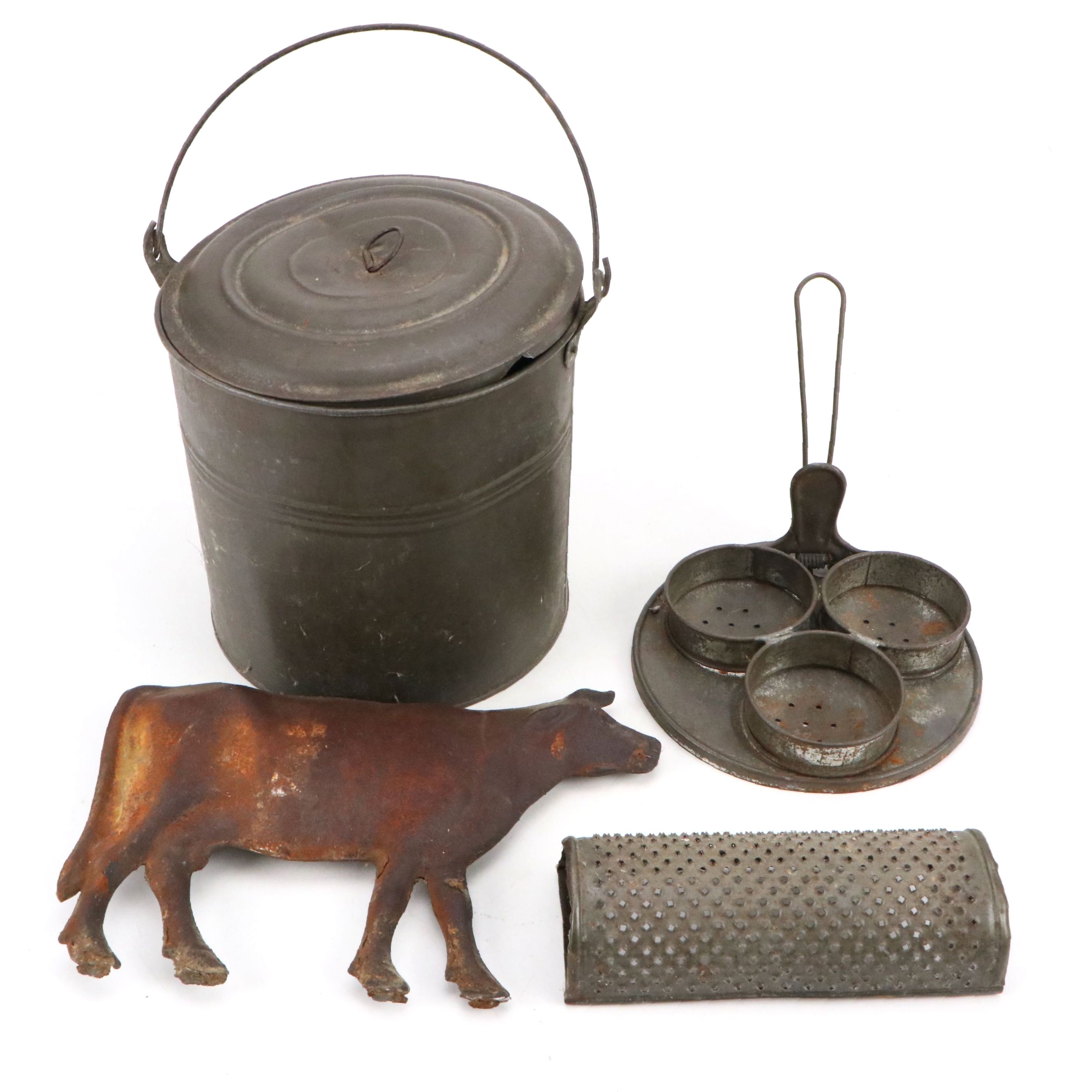 Primitive Metal Egg Poacher and Other Kitchen Tools with Cow Plaque