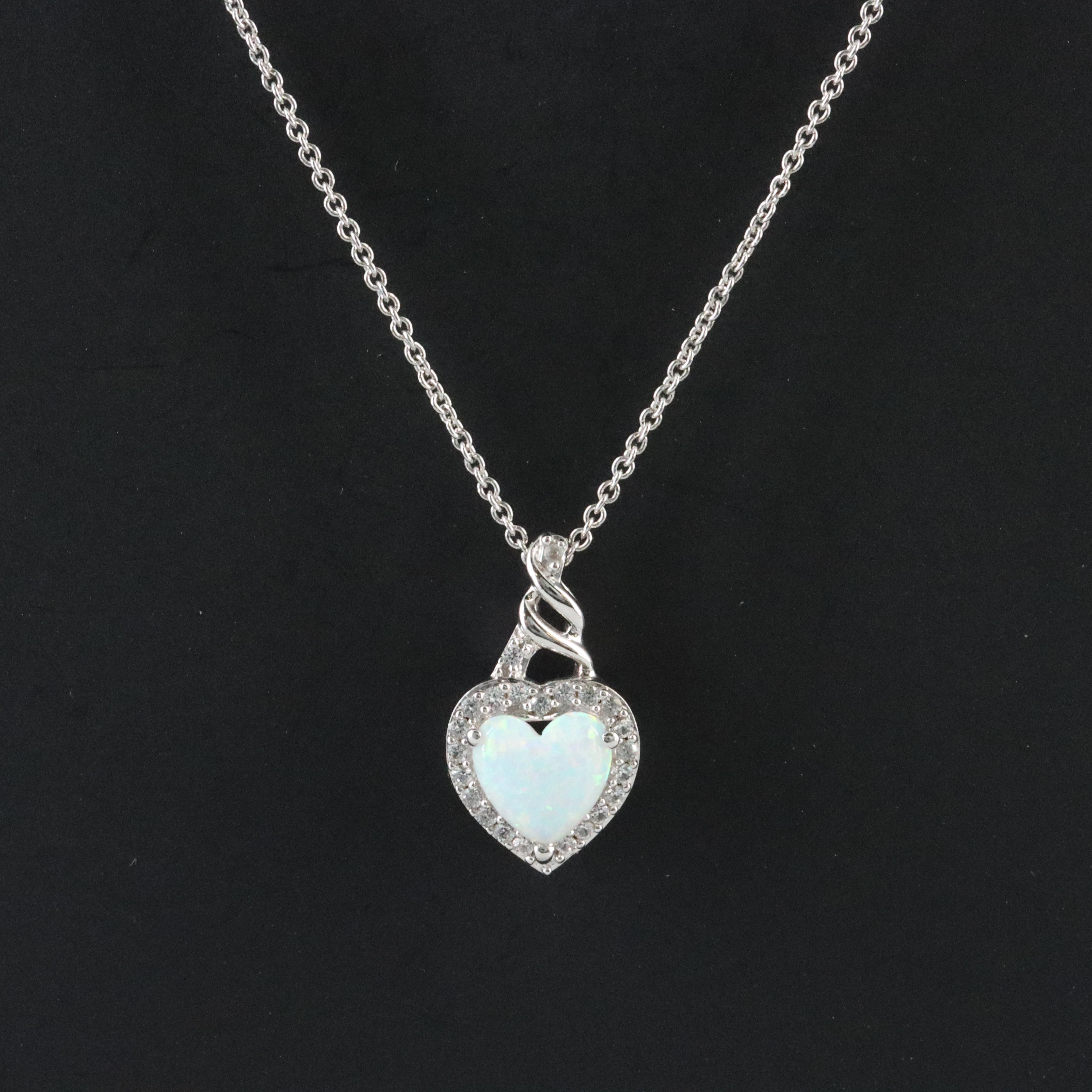 Sterling Opal and White Sapphire Heart Pendant Necklace