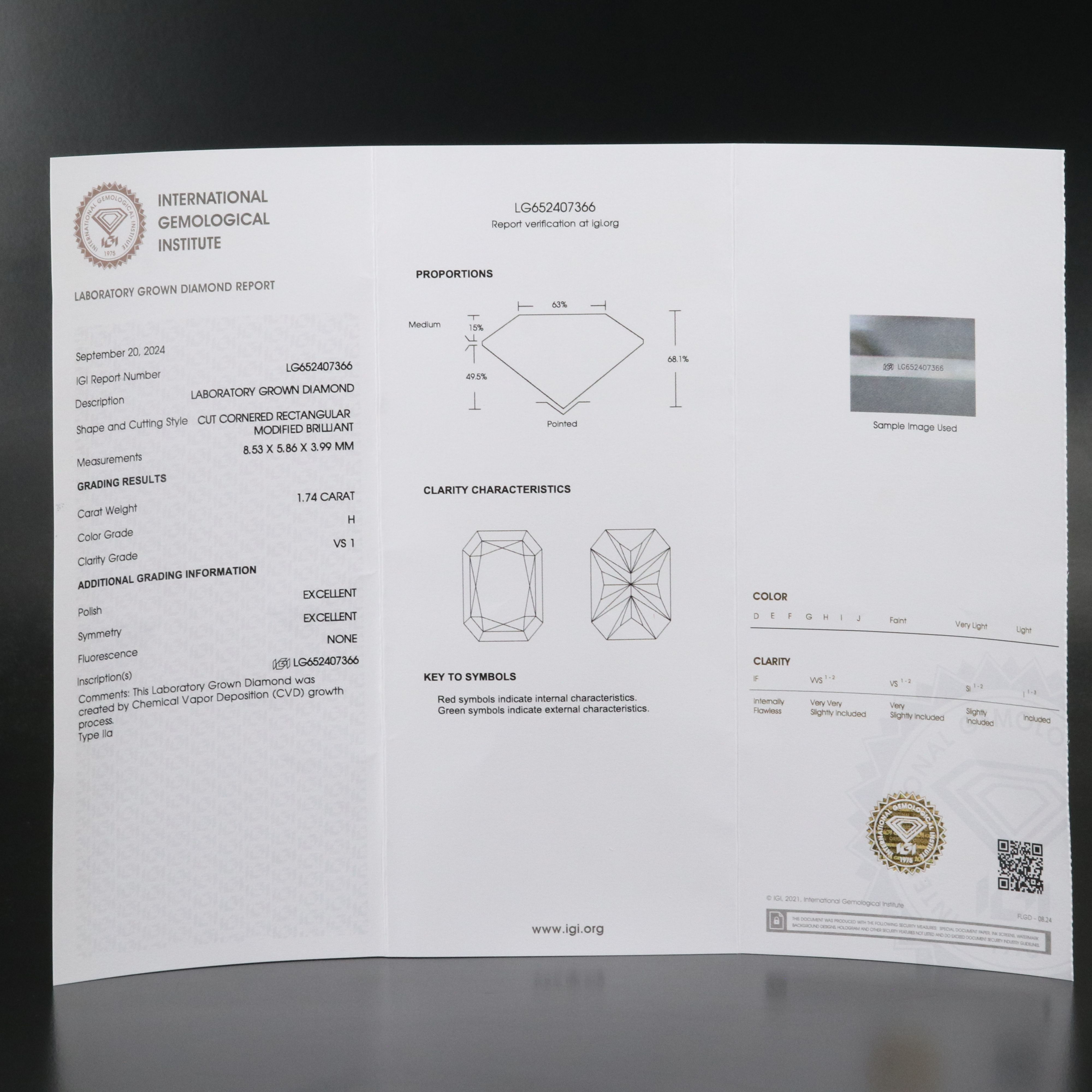 Loose 1.74 CT Lab Grown Diamond with IGI Report