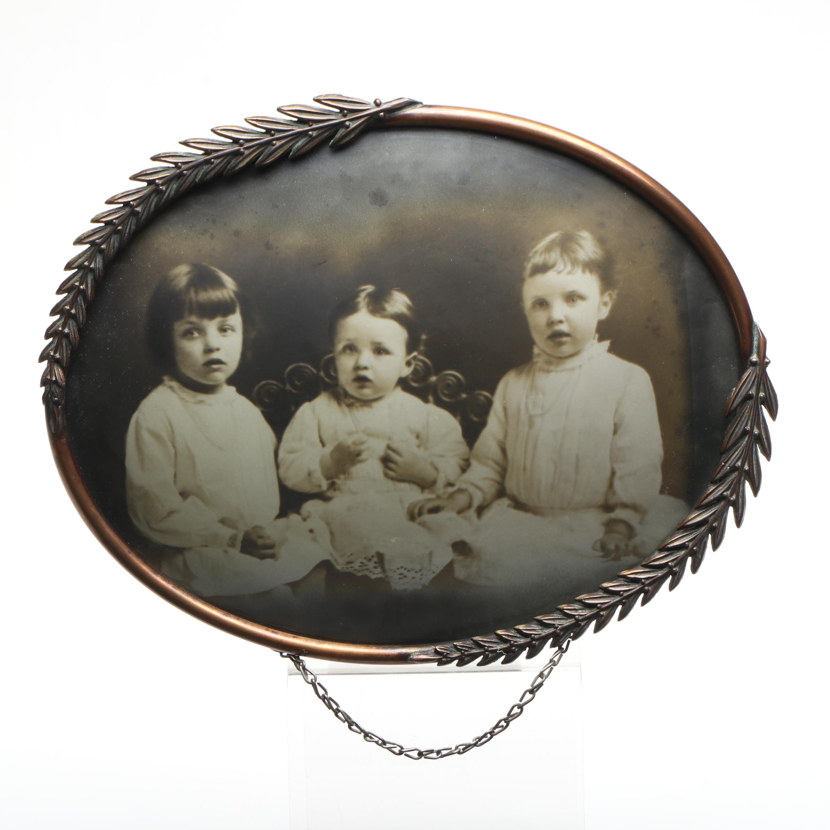 Vintage Silver Gelatin Photograph of Three Children in Metal Frame
