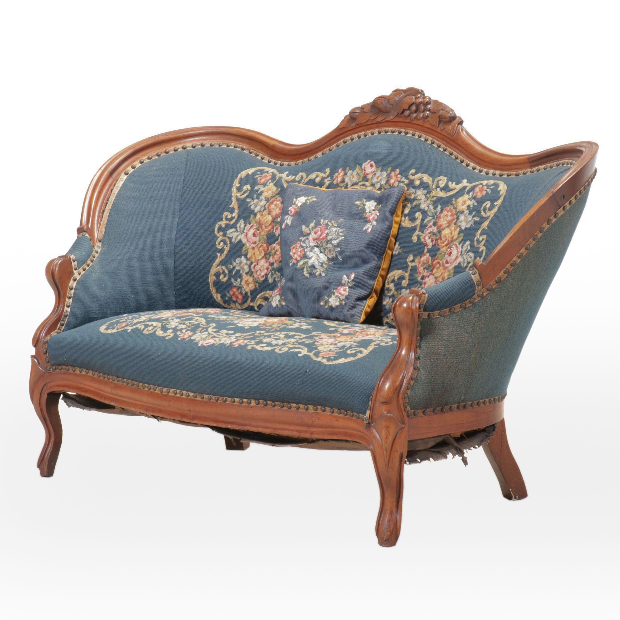 Victorian Carved Wooden Settee in Blue Floral Upholstery