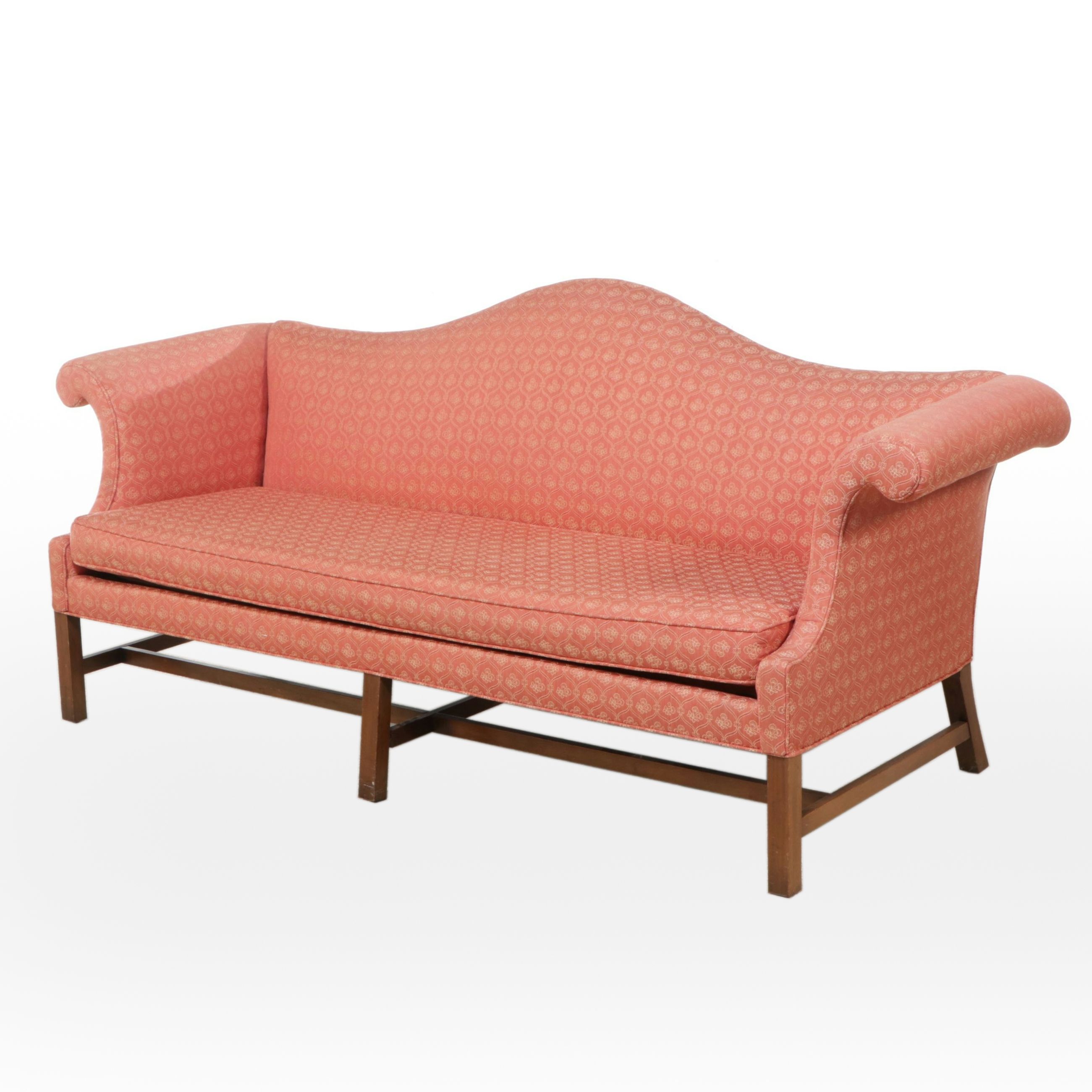 Chippendale Style Upholstered Camelback Sofa in Red Floral Pattern