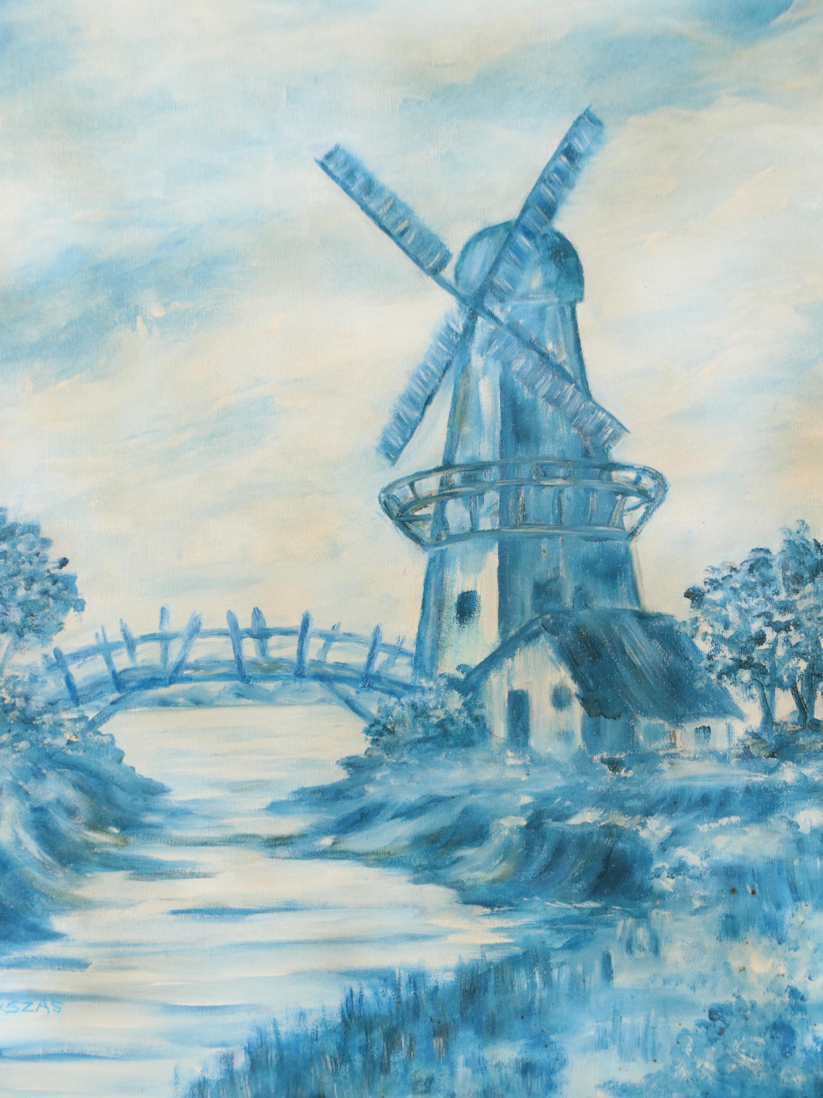 Dikszas Landscape Oil Painting of Windmill, Late 20th Century
