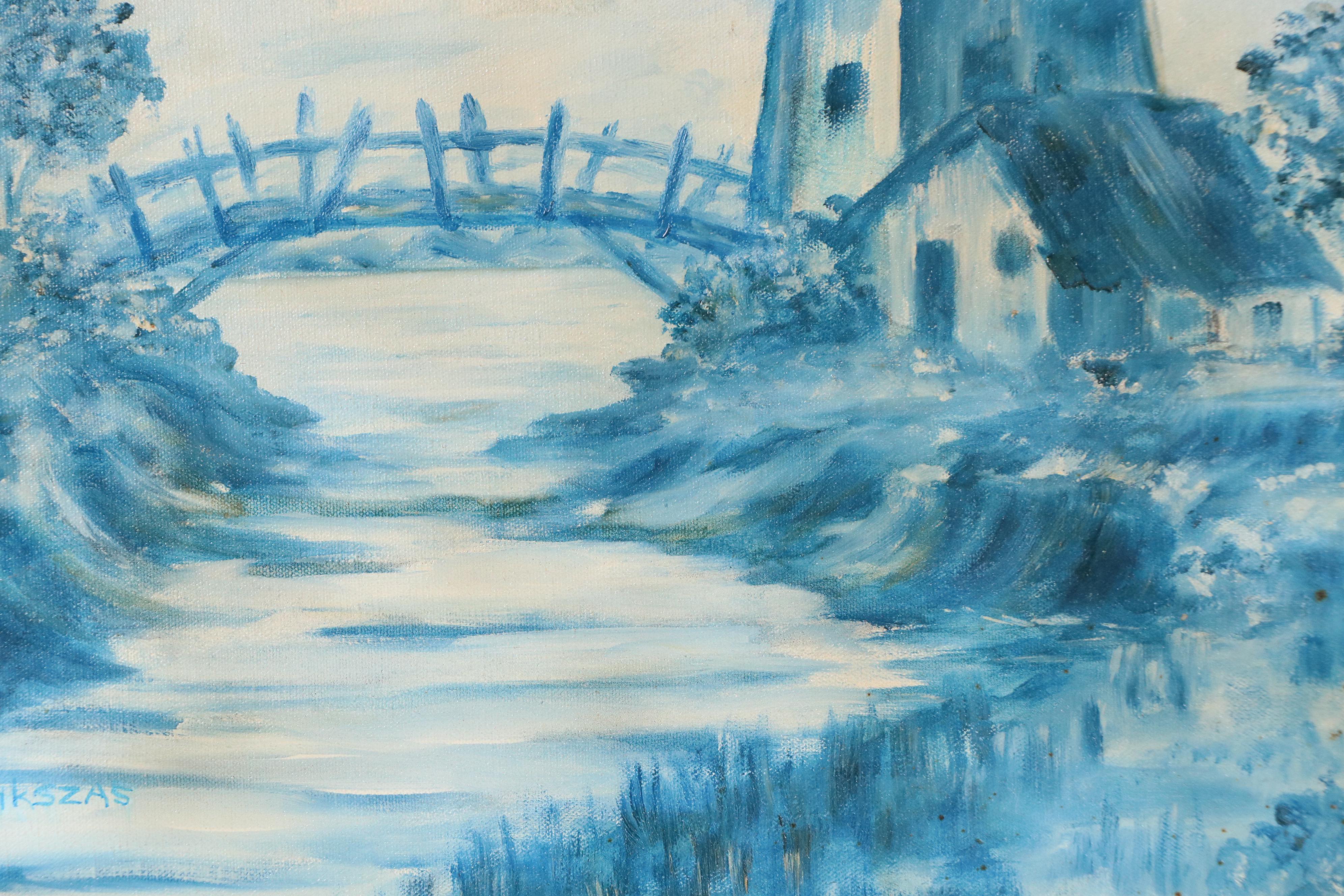 Dikszas Landscape Oil Painting of Windmill, Late 20th Century