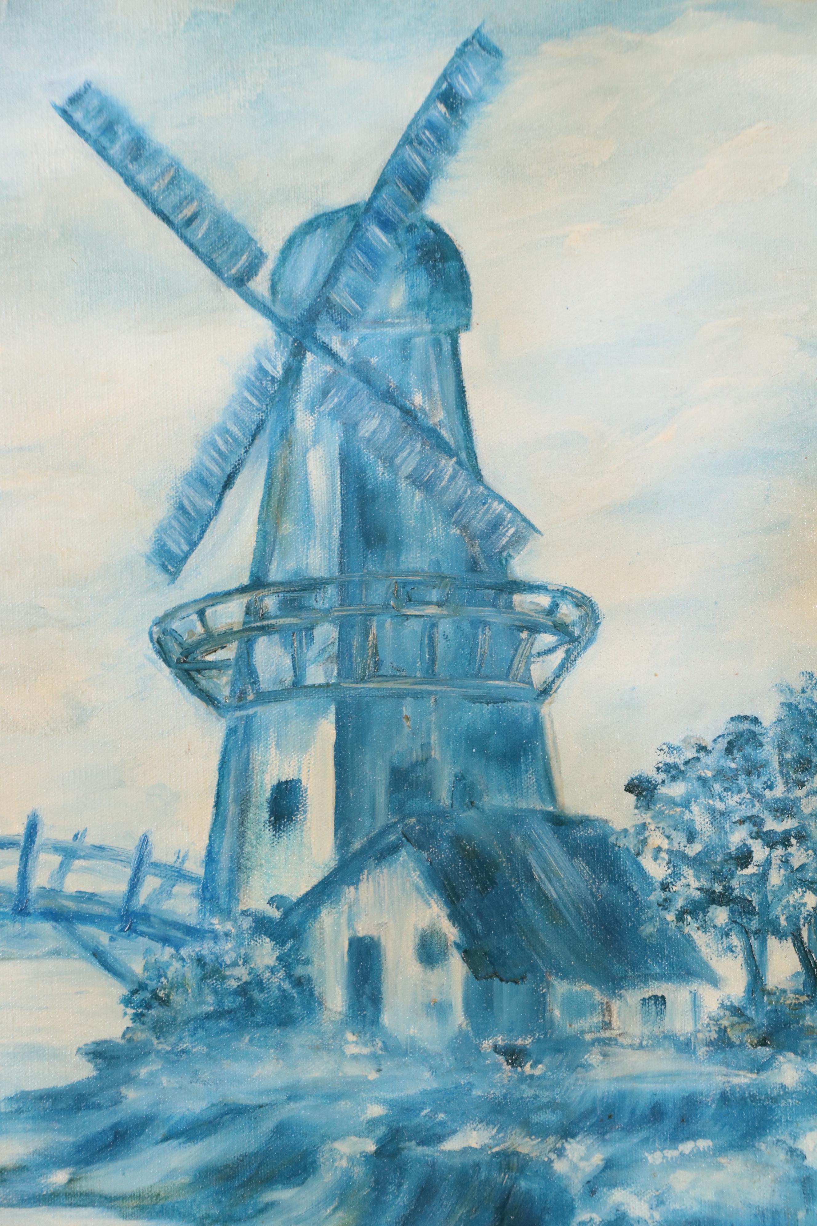Dikszas Landscape Oil Painting of Windmill, Late 20th Century