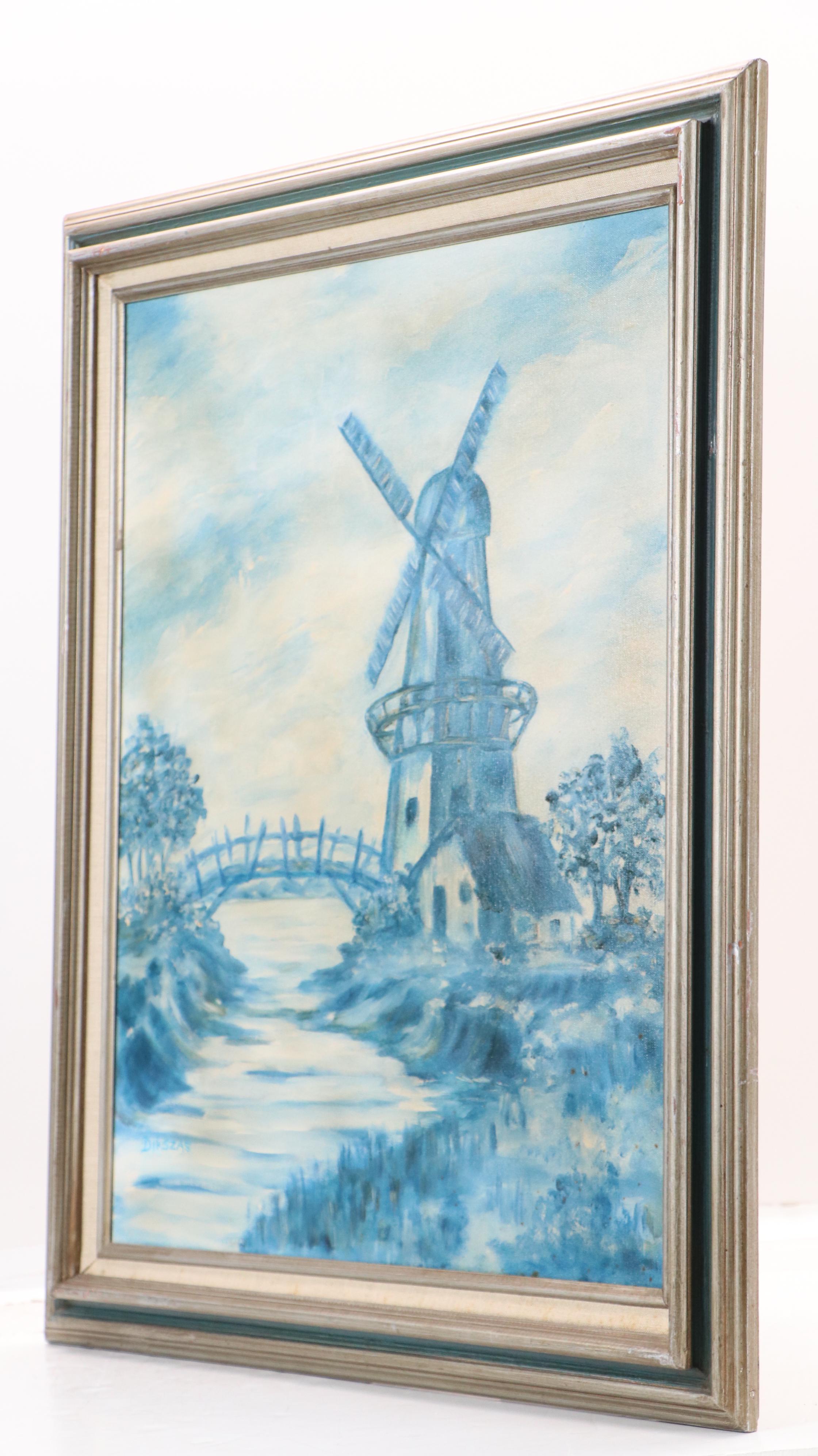 Dikszas Landscape Oil Painting of Windmill, Late 20th Century