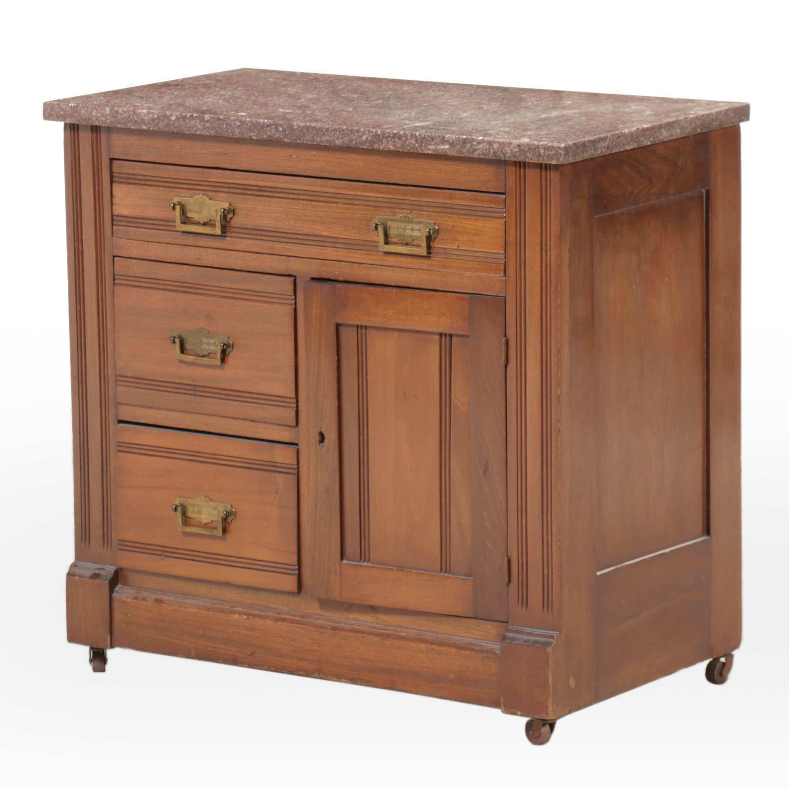 Eastlake Walnut Washstand with Marble Top on Casters