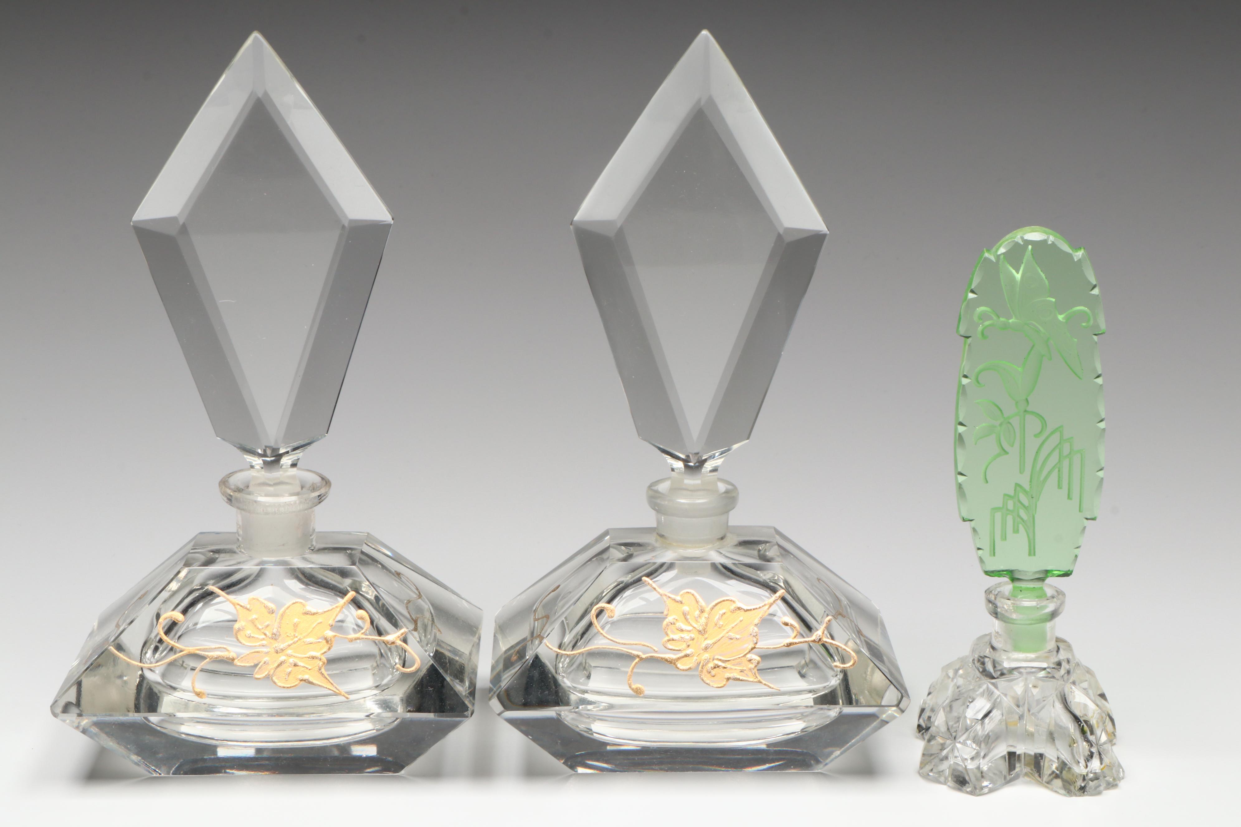 Art Deco Style Green Glass and Pair of Gold-Painted Crystal Perfume Bottles