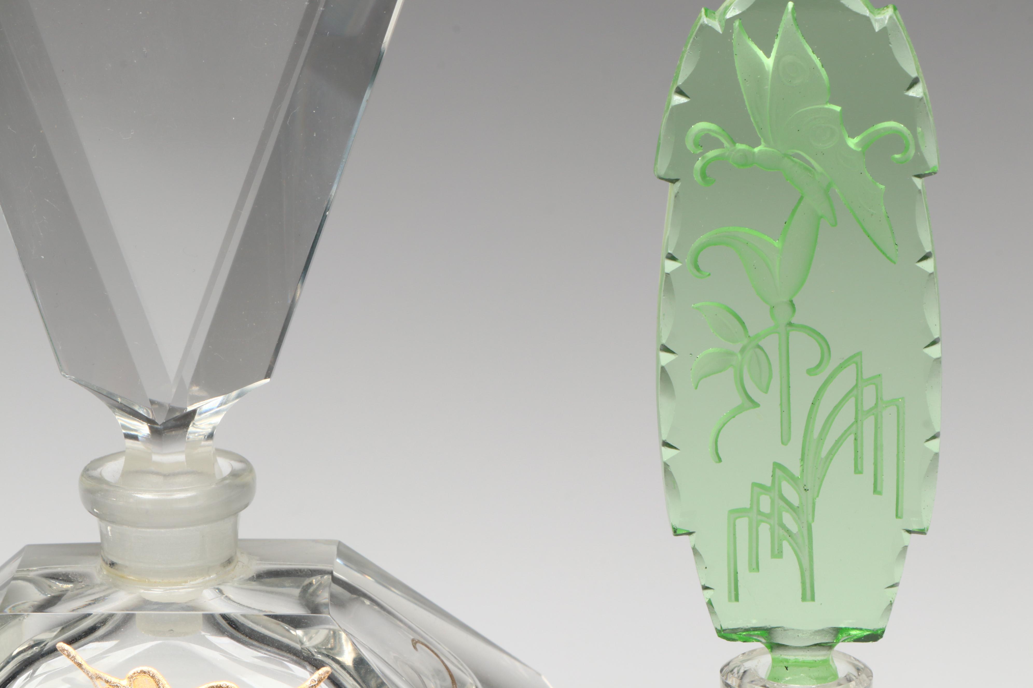 Art Deco Style Green Glass and Pair of Gold-Painted Crystal Perfume Bottles