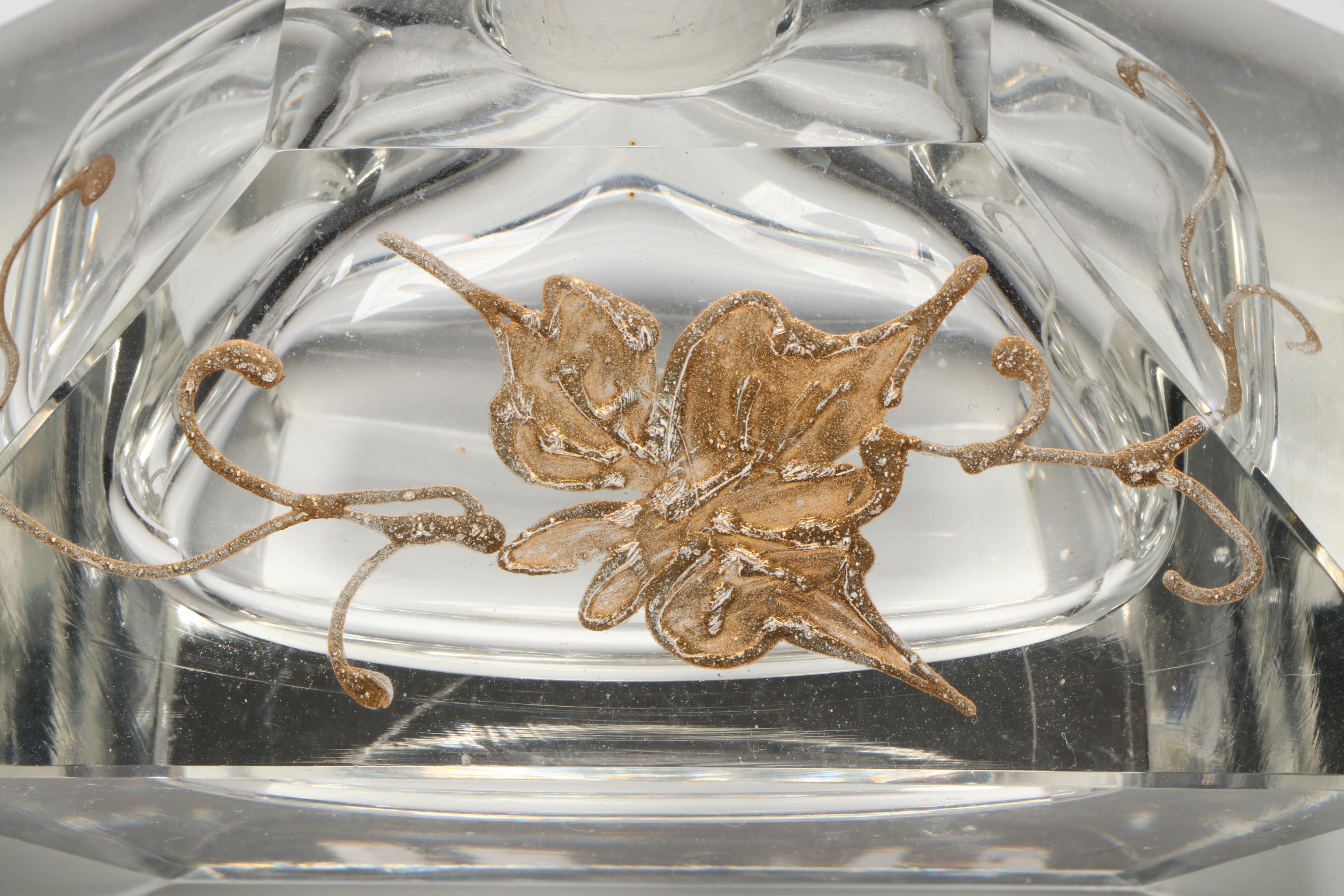 Art Deco Style Green Glass and Pair of Gold-Painted Crystal Perfume Bottles