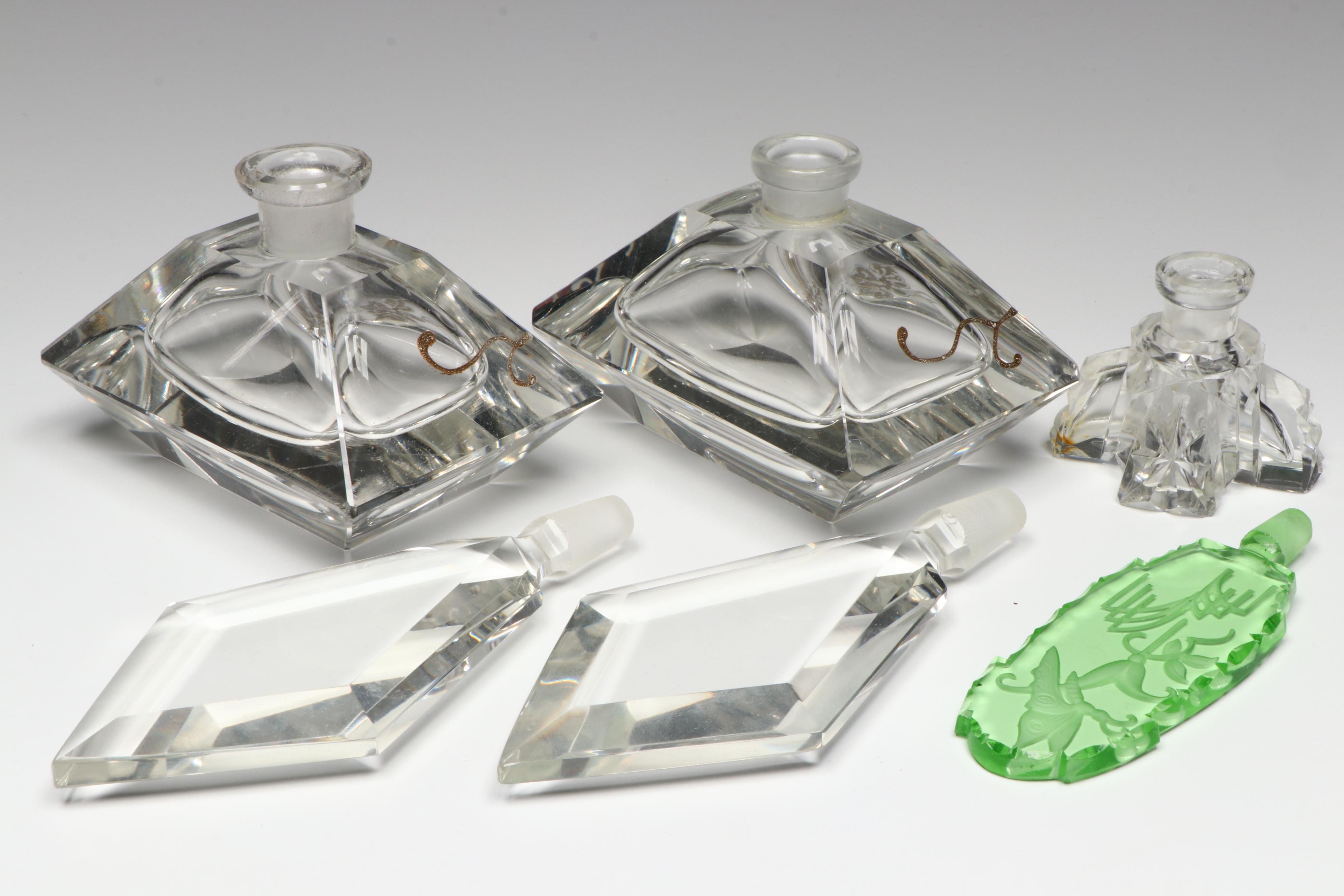 Art Deco Style Green Glass and Pair of Gold-Painted Crystal Perfume Bottles