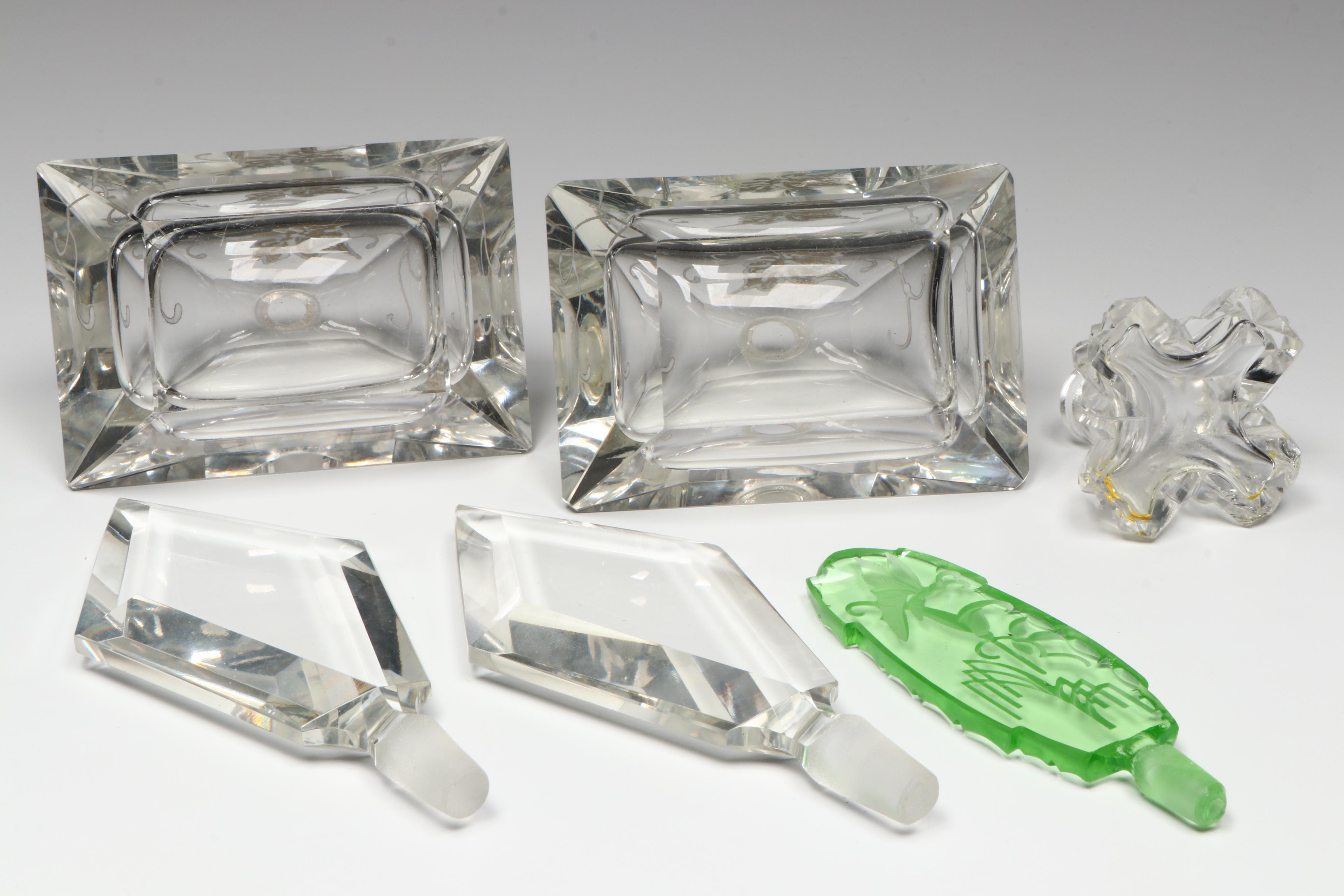 Art Deco Style Green Glass and Pair of Gold-Painted Crystal Perfume Bottles