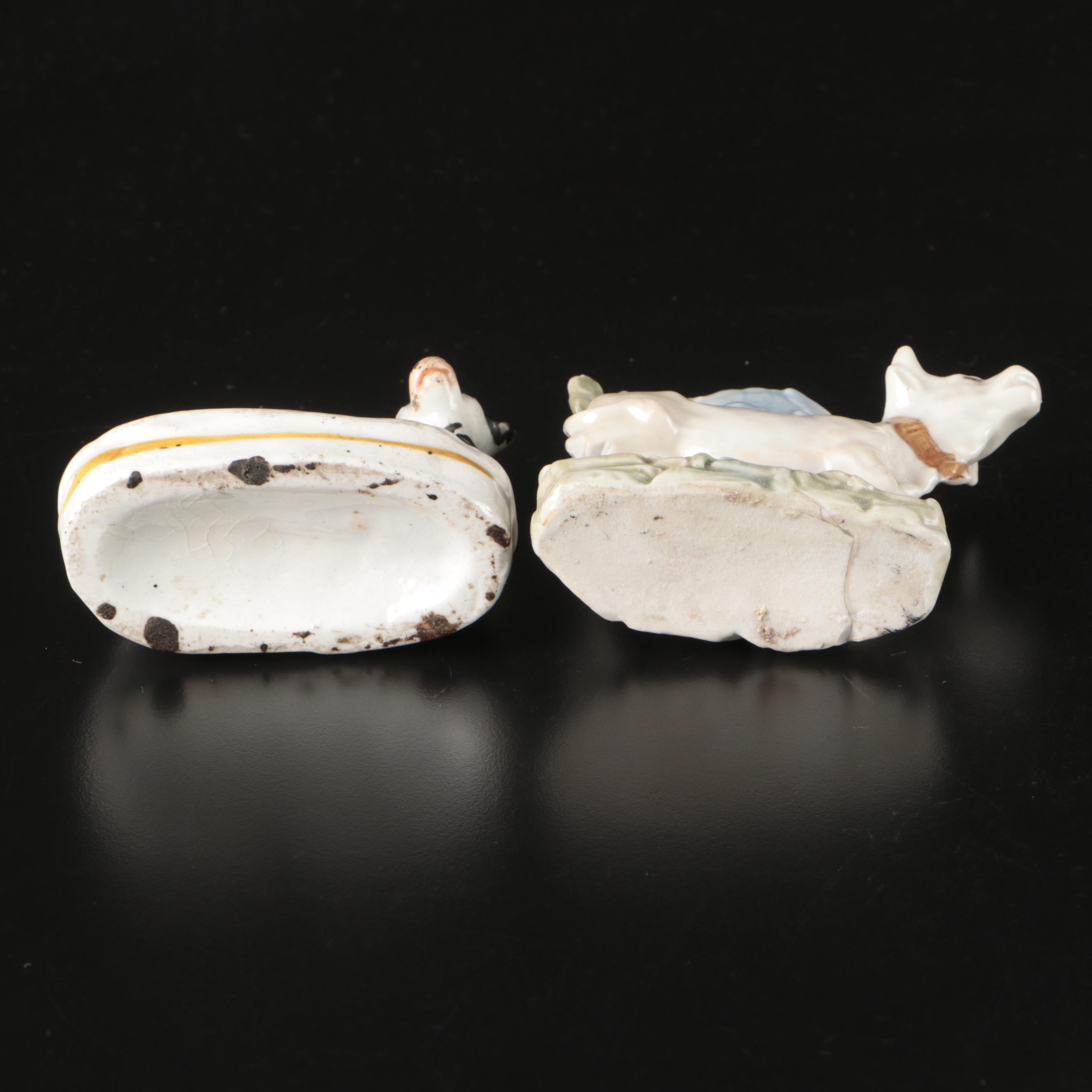 Staffordshire Reclining Greyhound with Other Figurines and Candle Holder