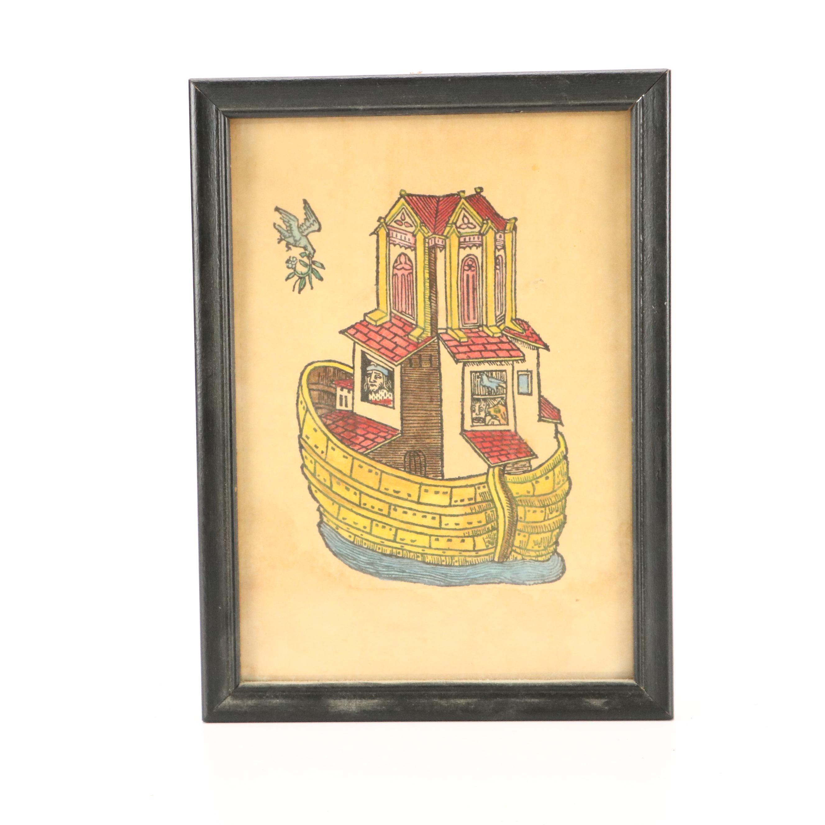 Primitive Noah's Ark Print, Pull-String Doll, Antique Slate Board and Toy Cannon