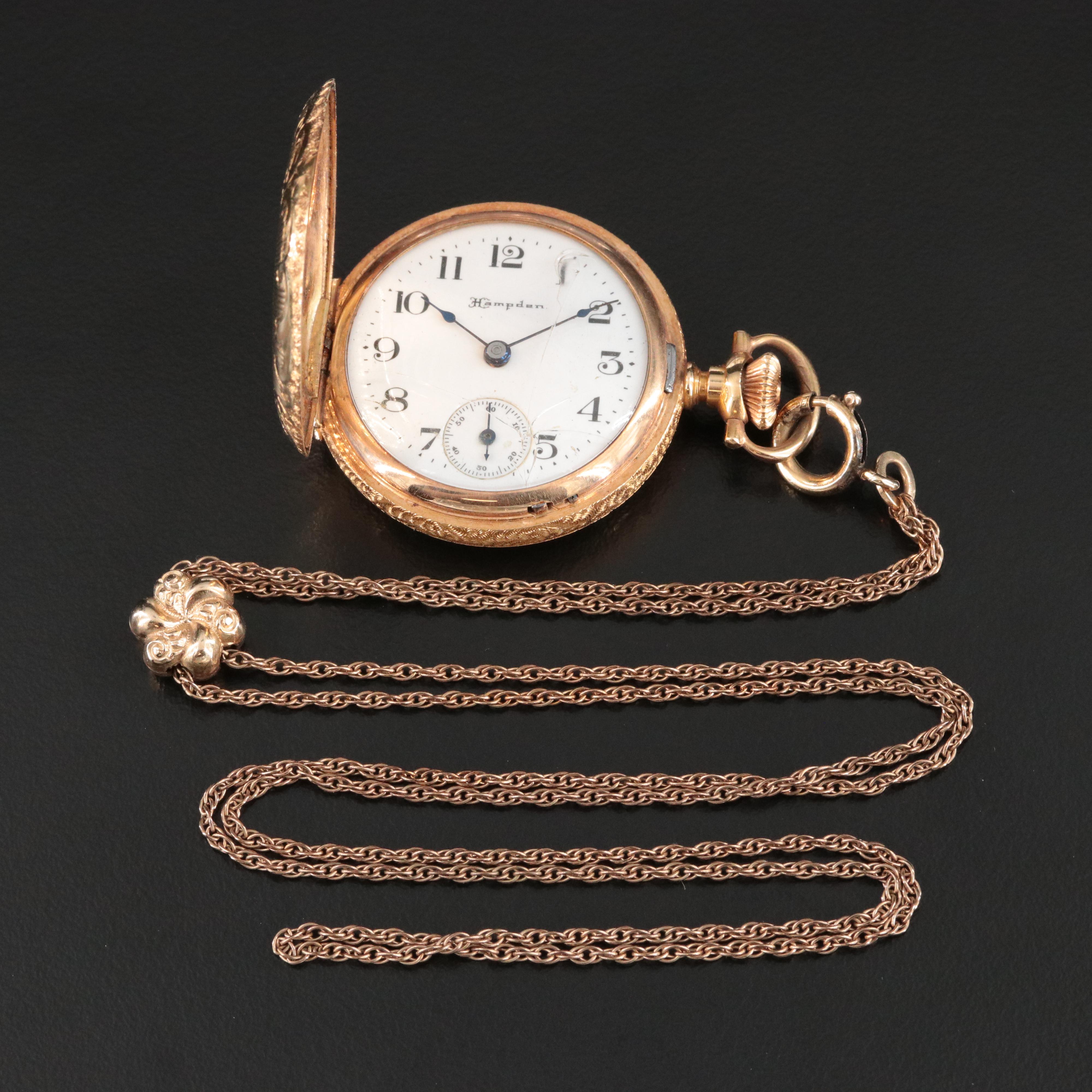 14K Hampden Hunting Case Pocket Watch and Gold-Filled Fob Chain with Slide