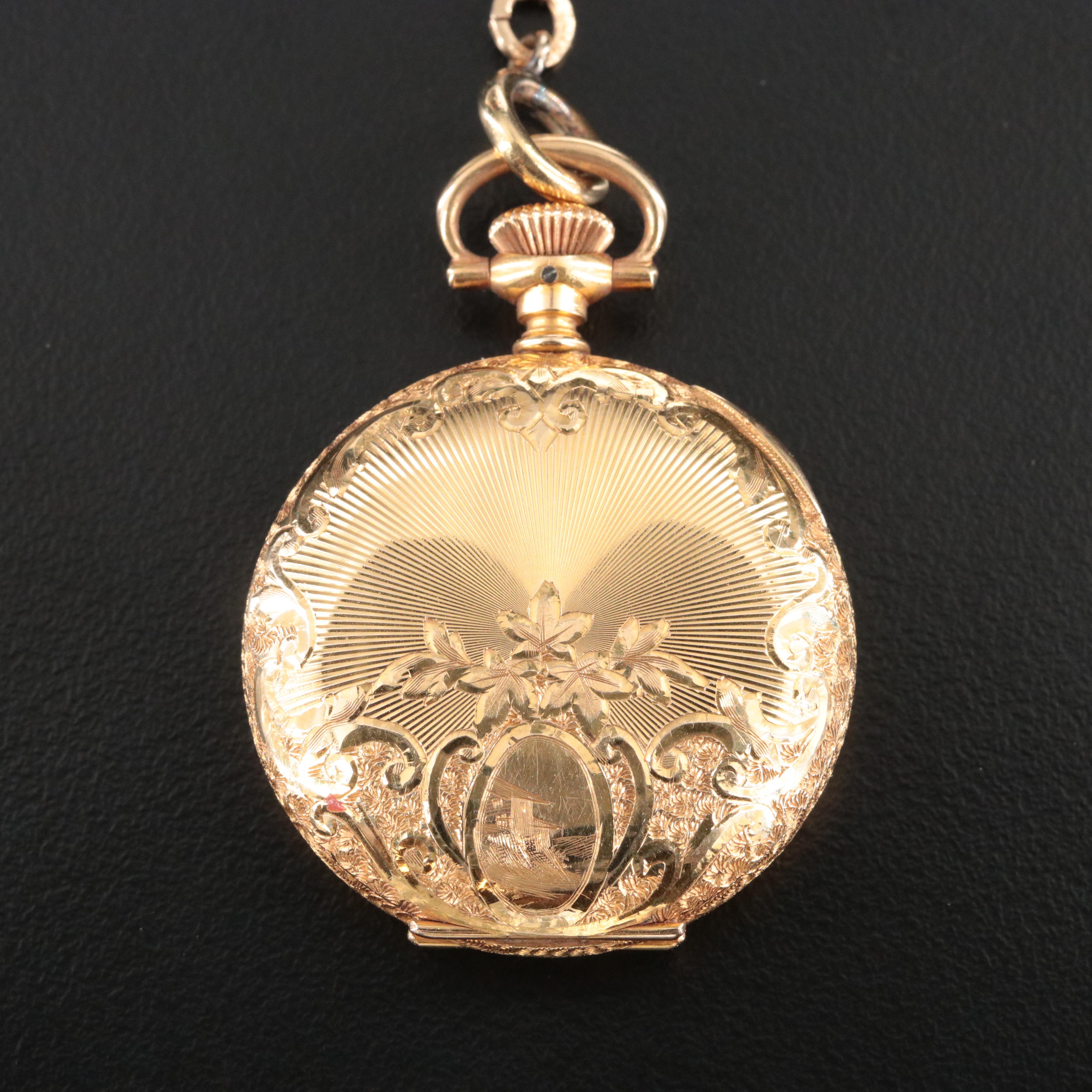 14K Hampden Hunting Case Pocket Watch and Gold-Filled Fob Chain with Slide