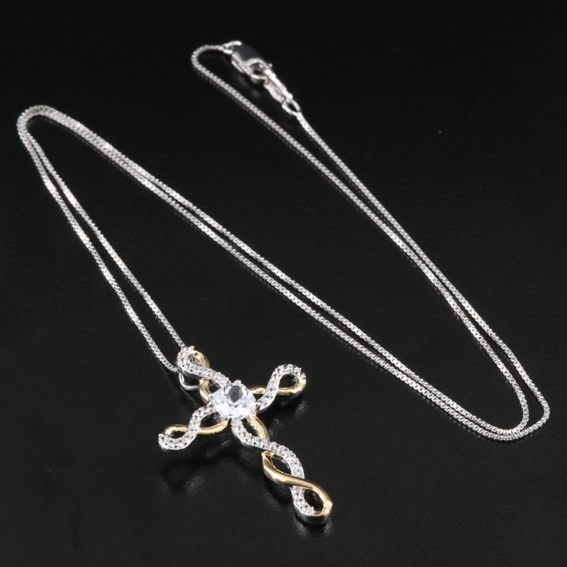 Sterling and White Sapphire Cross Pendant Necklace