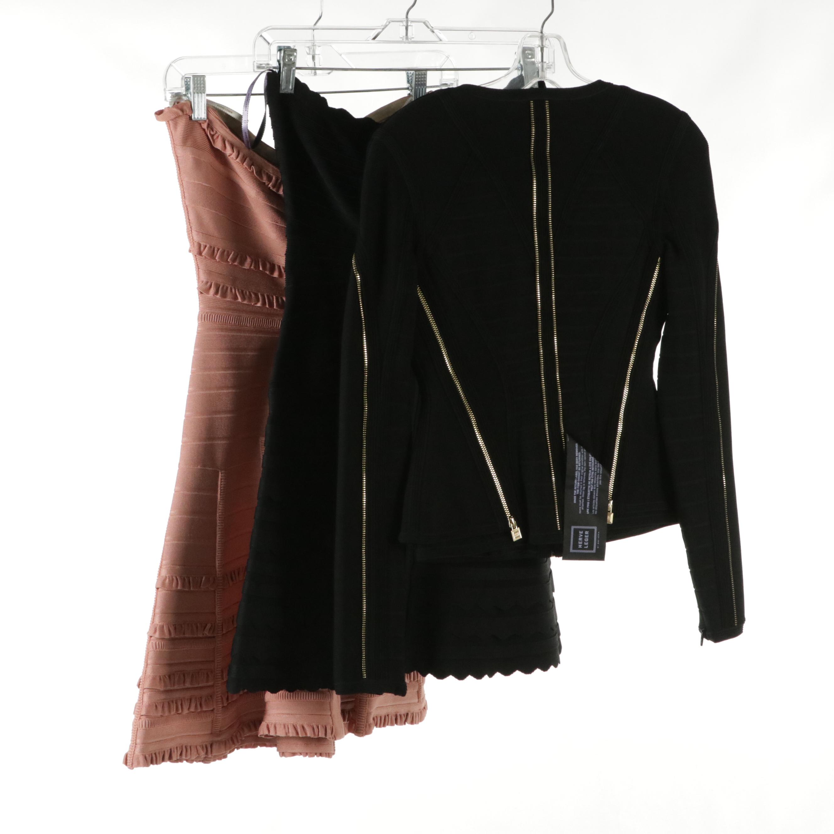 Herve Leger Strapless Flared Dresses & Corset Illusion Zip Jacket in Rayon Blend