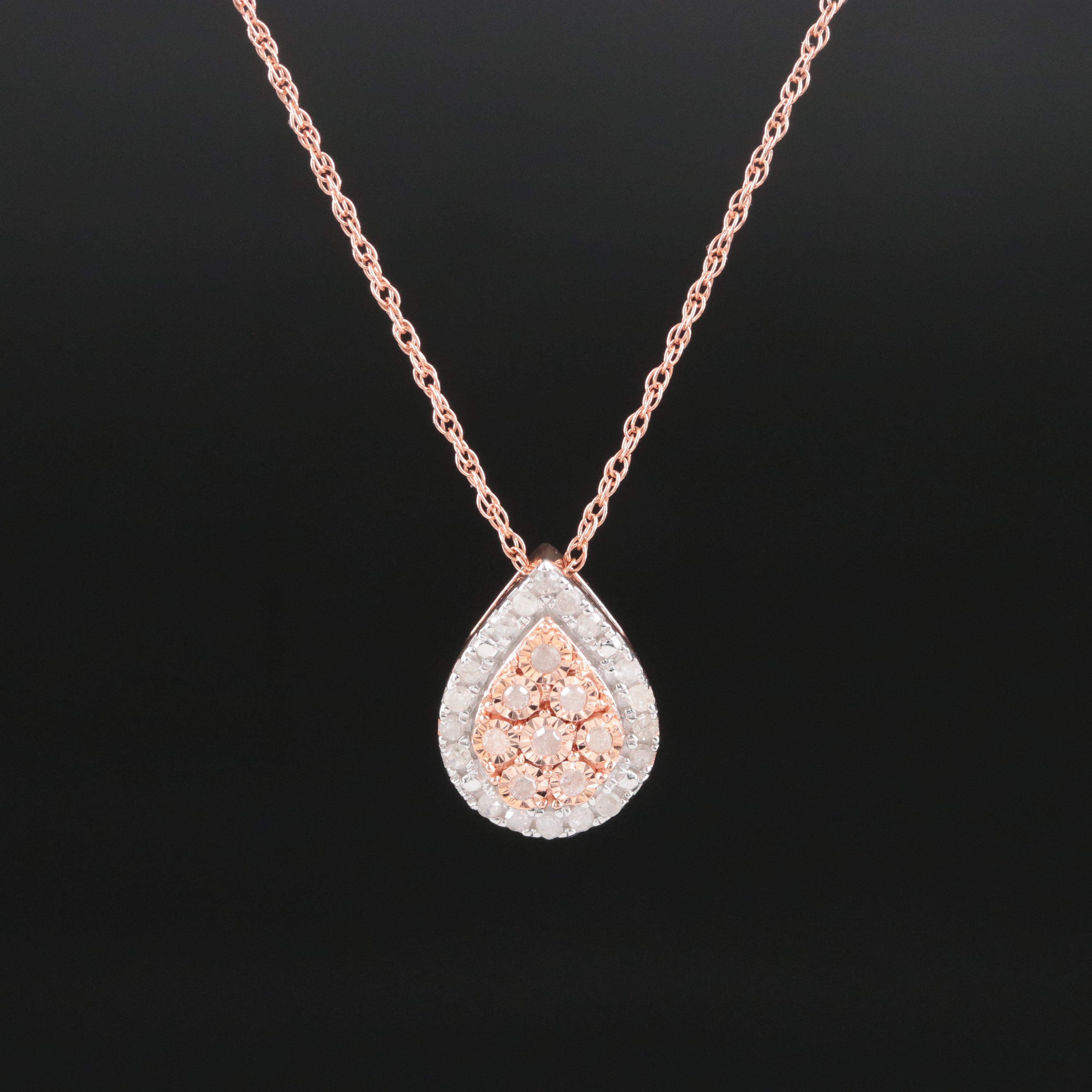 Sterling Diamond Pendant Necklace in Rose Tone