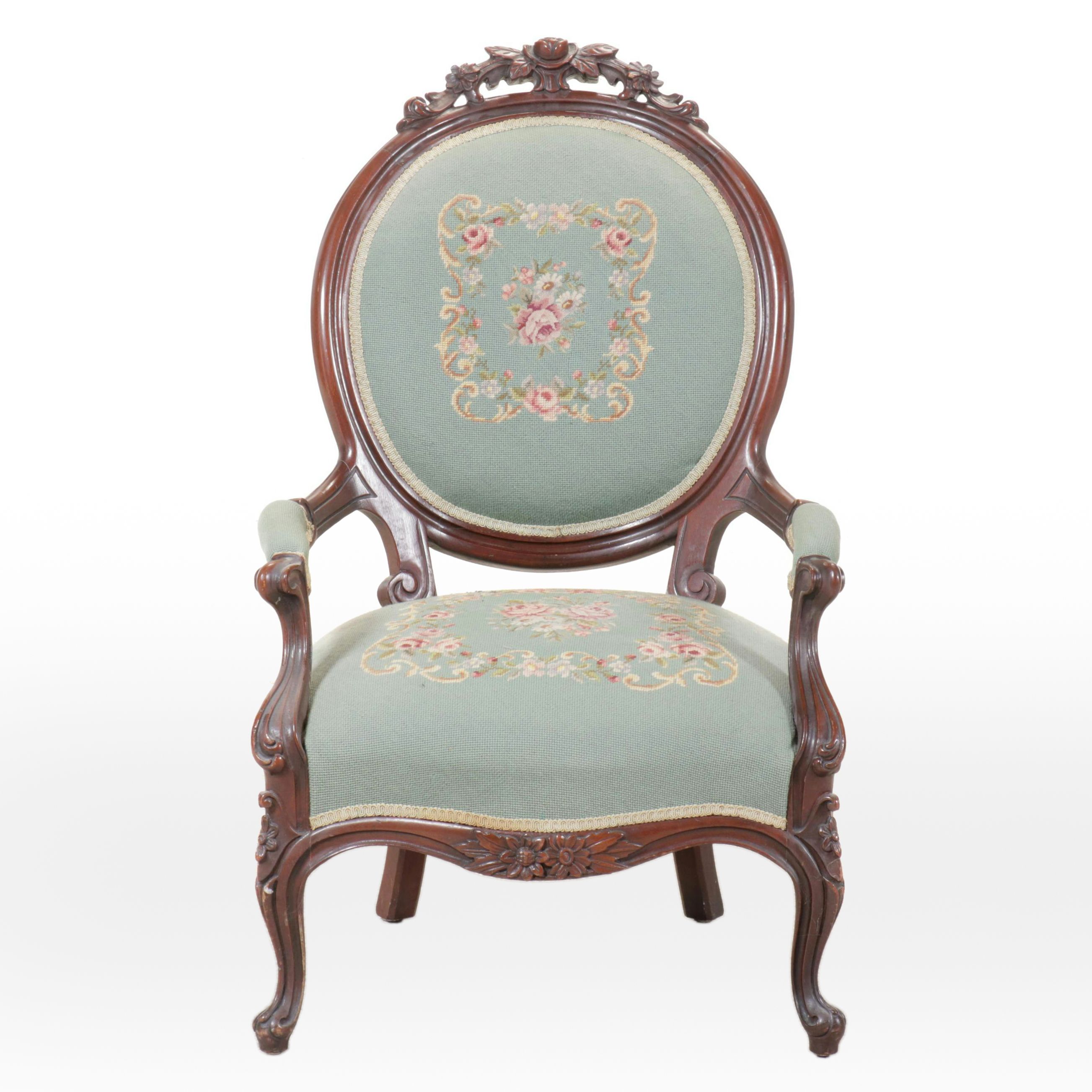 Victorian Carved Mahogany Needlepoint Floral Armchair