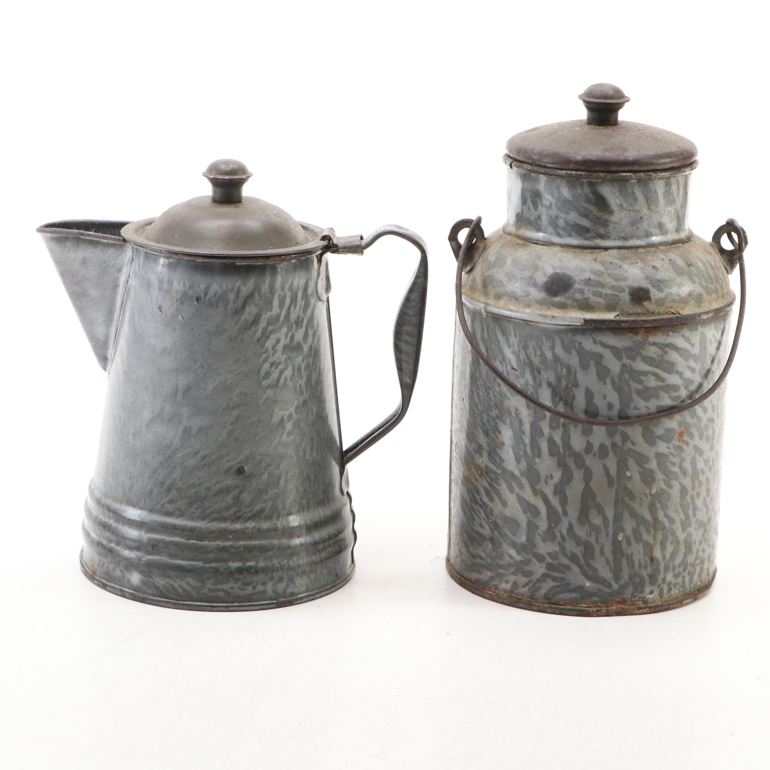Gray Graniteware Metal Milk Pail and Pitcher