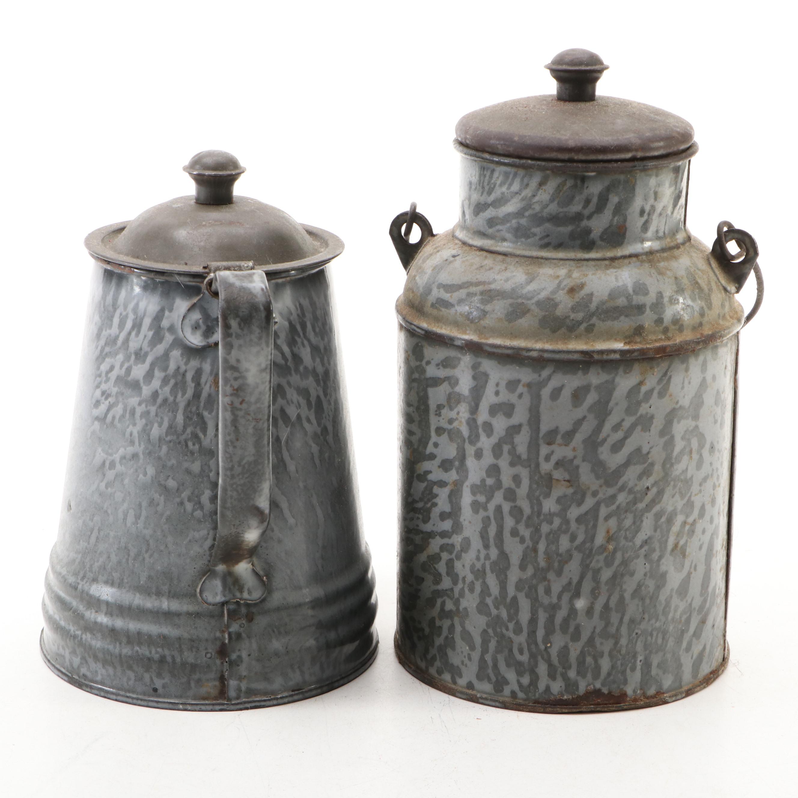 Gray Graniteware Metal Milk Pail and Pitcher