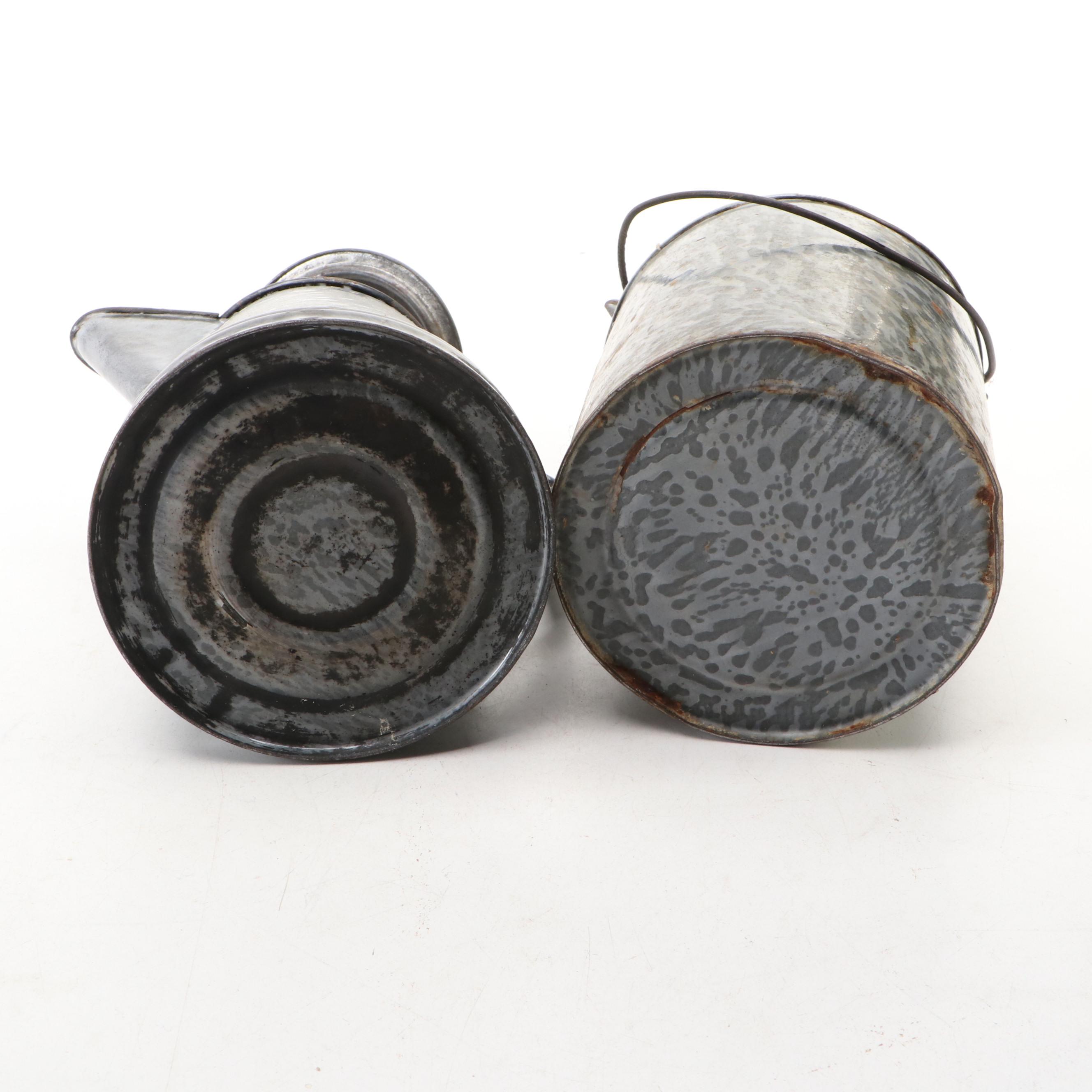 Gray Graniteware Metal Milk Pail and Pitcher