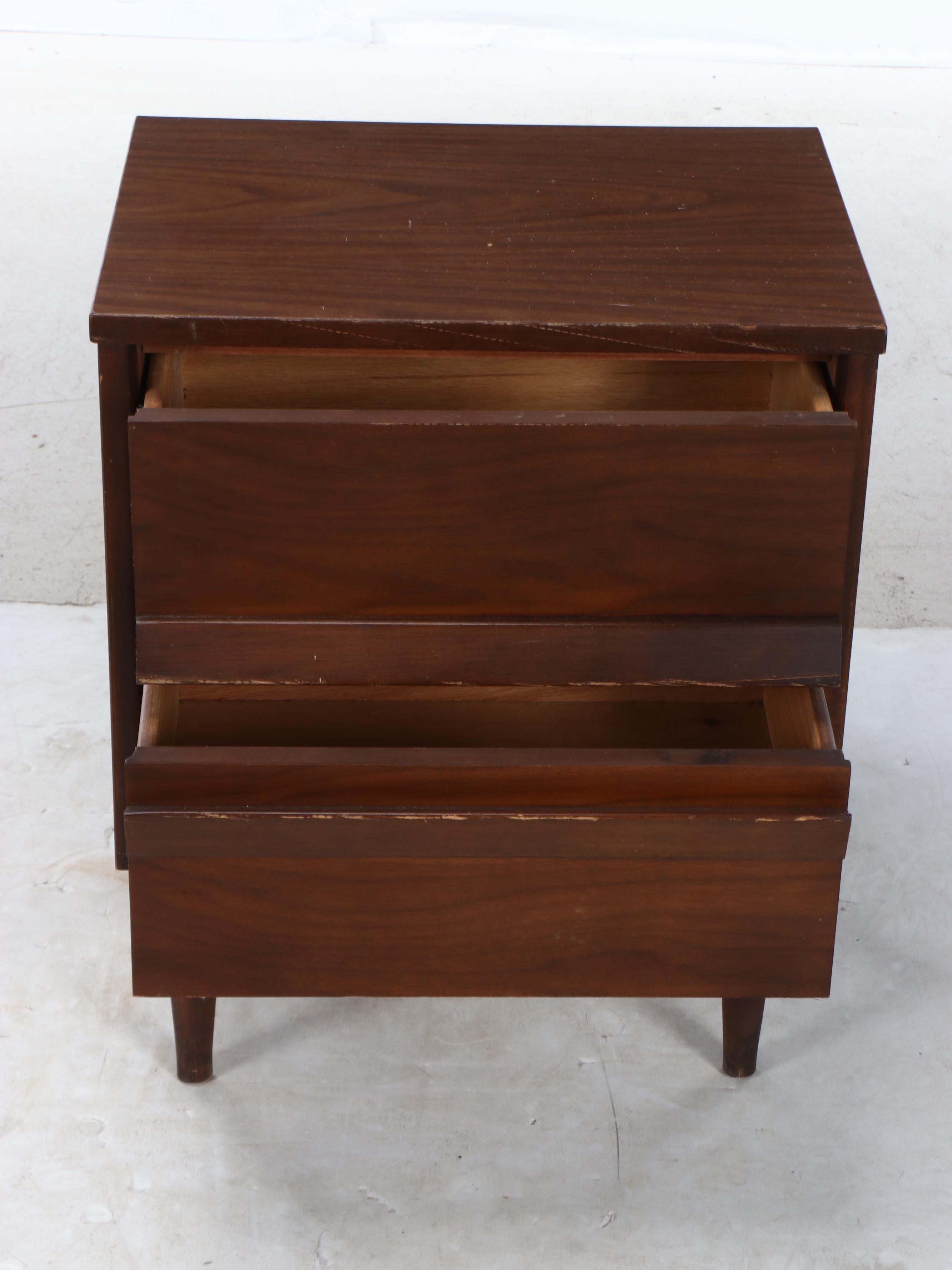 Mid Century Modern Walnut Veneer Two-Drawer Nightstand