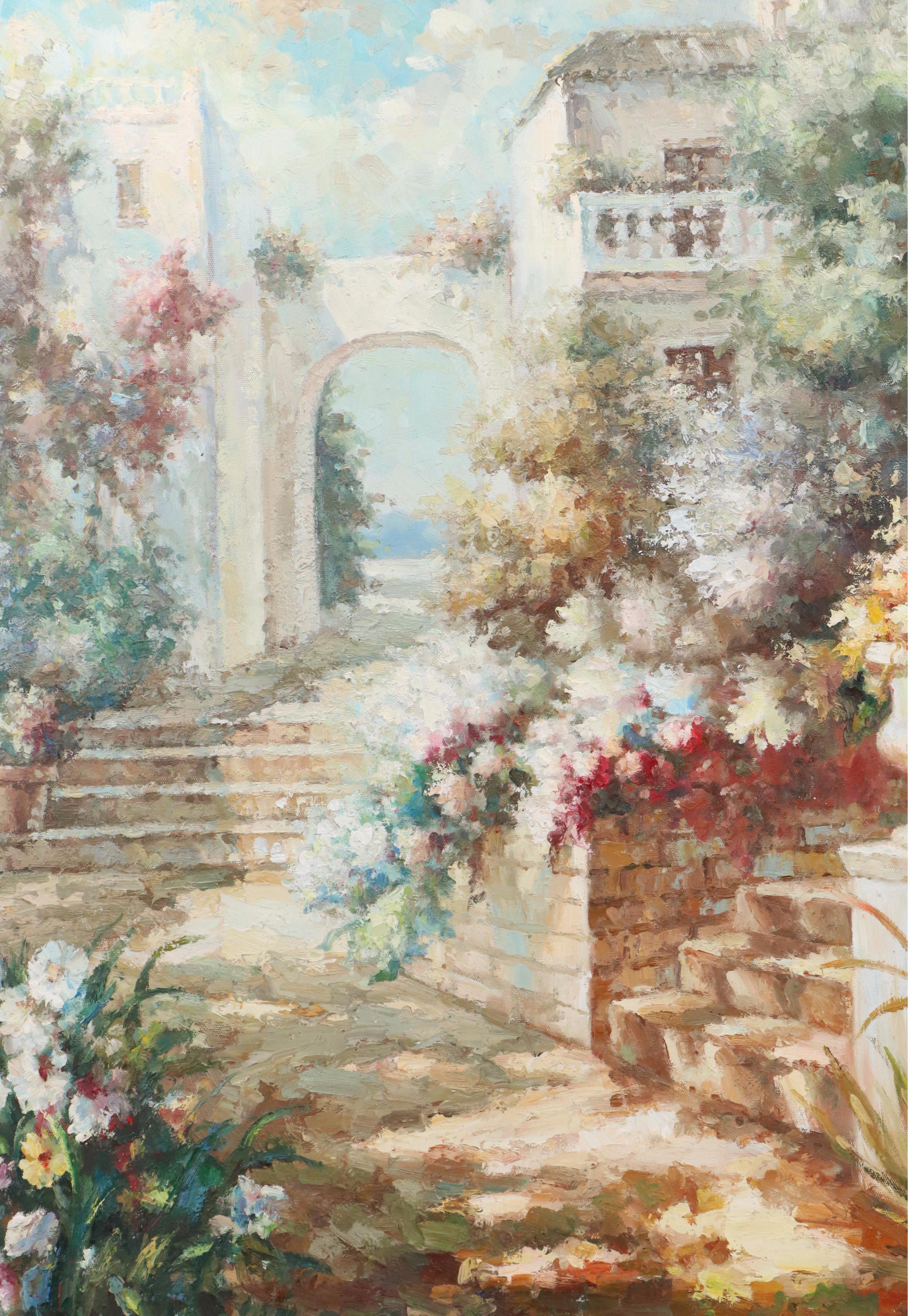 Taylor Impressionist Style Oil Painting of Mediterranean Courtyard