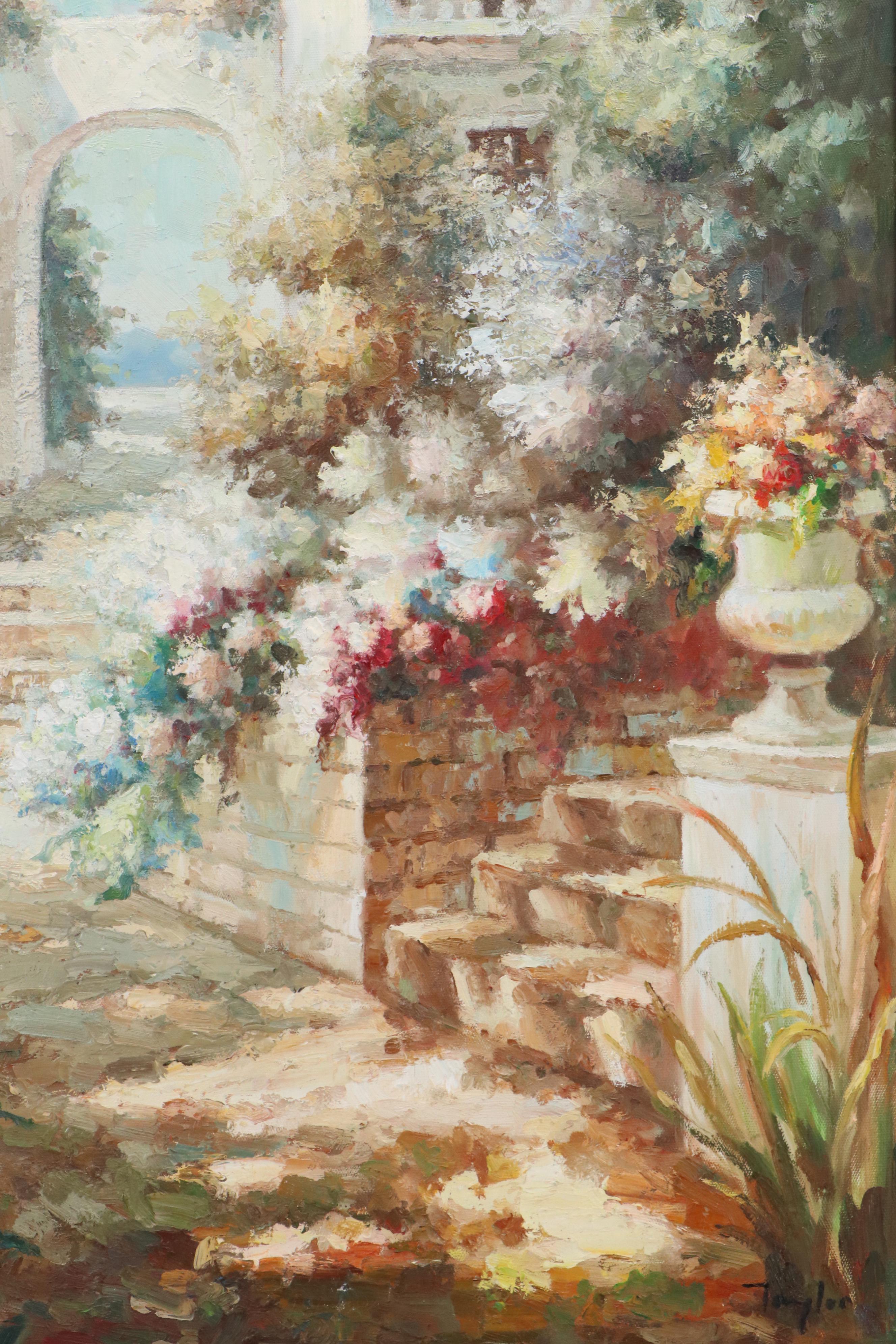 Taylor Impressionist Style Oil Painting of Mediterranean Courtyard