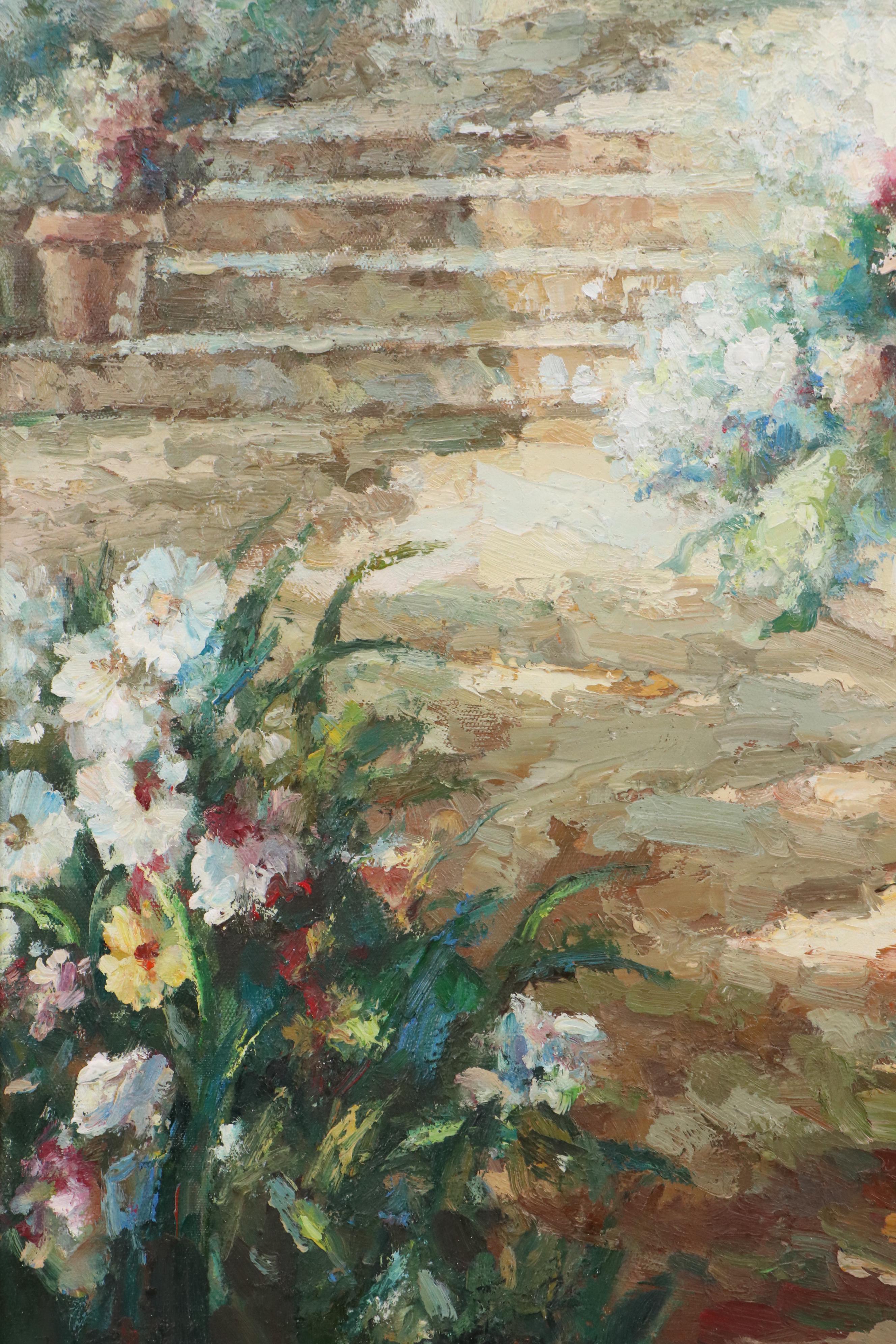Taylor Impressionist Style Oil Painting of Mediterranean Courtyard