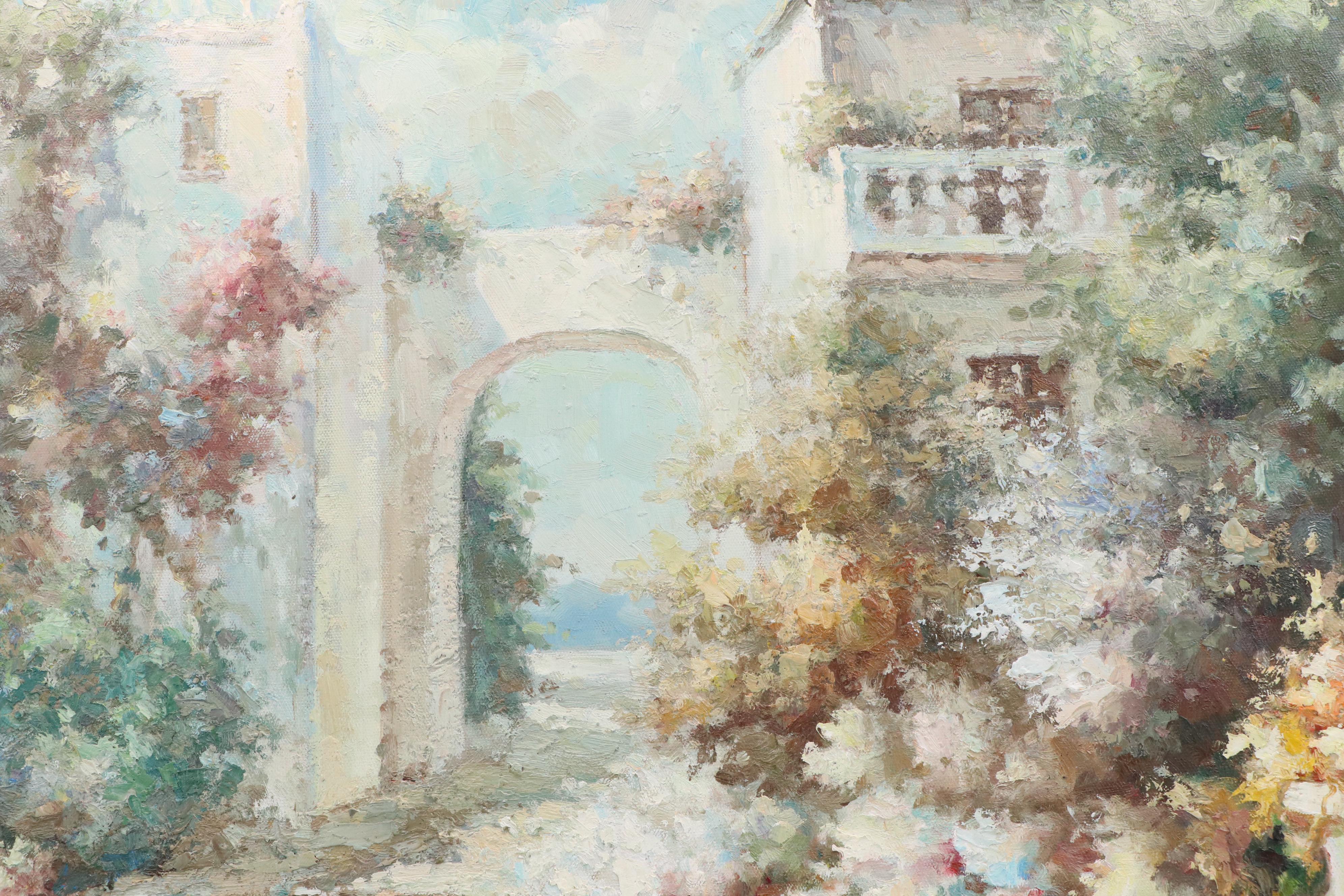 Taylor Impressionist Style Oil Painting of Mediterranean Courtyard