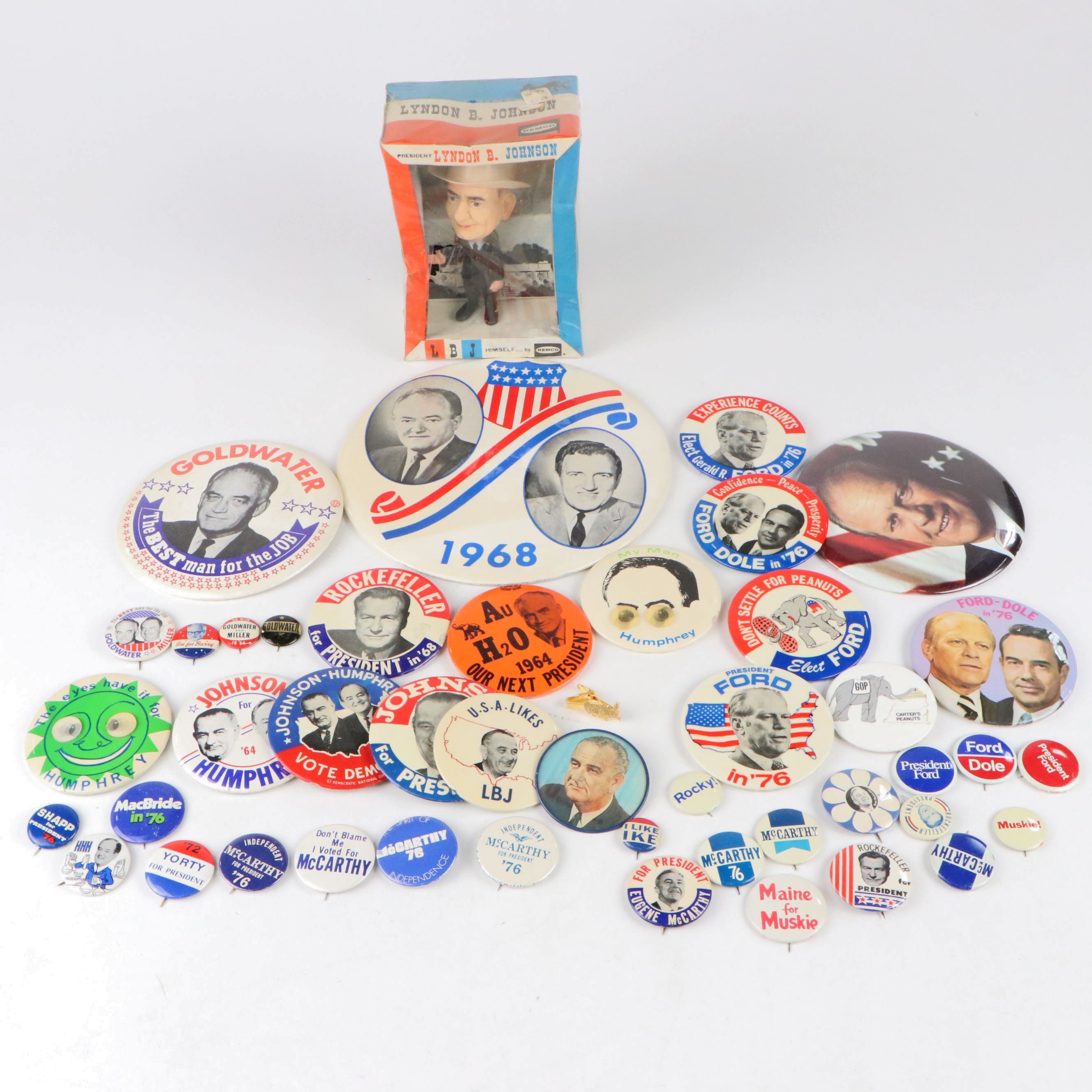Hubert Humphrey with Other Pinbacks and Lyndon B. Johnson Bobblehead
