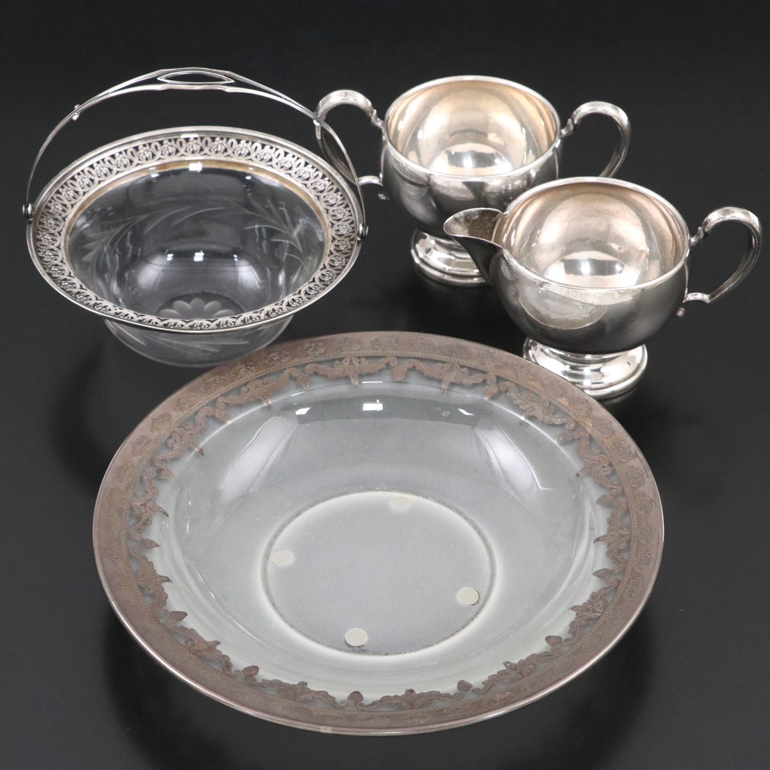Hunt Silver Co. Sterling Creamer and Sugar with Webster Etched Glass Bowl