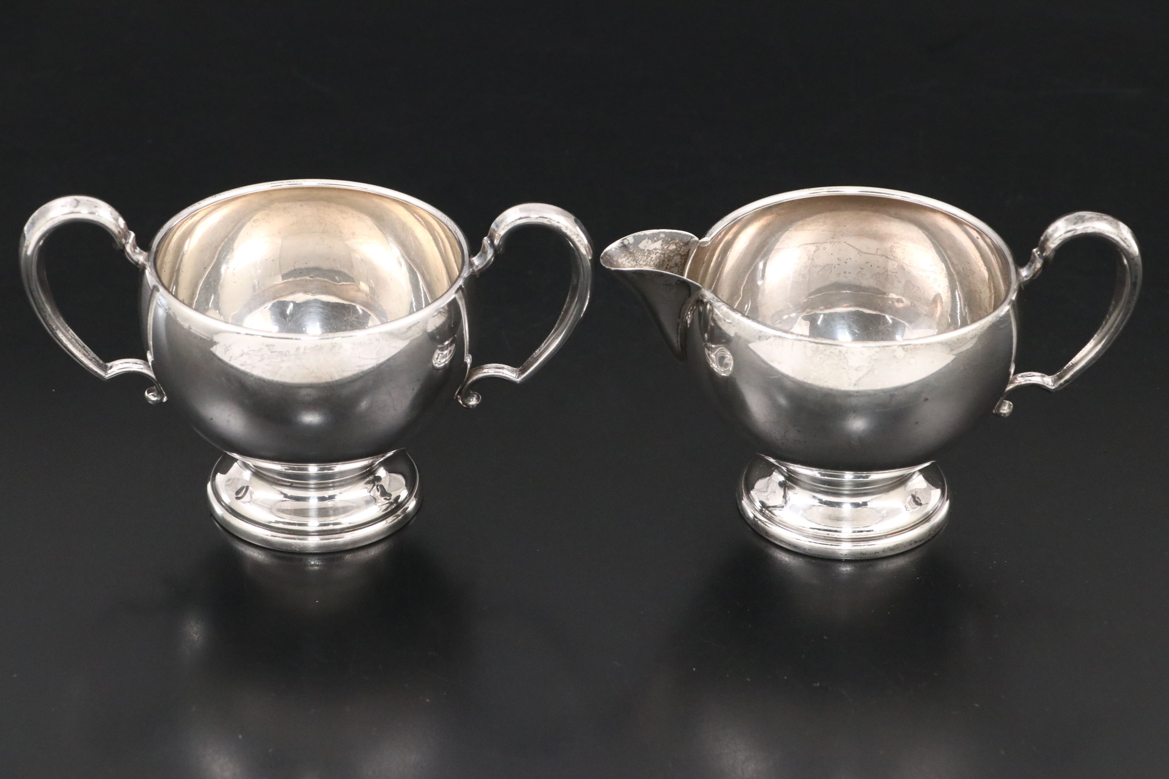Hunt Silver Co. Sterling Creamer and Sugar with Webster Etched Glass Bowl