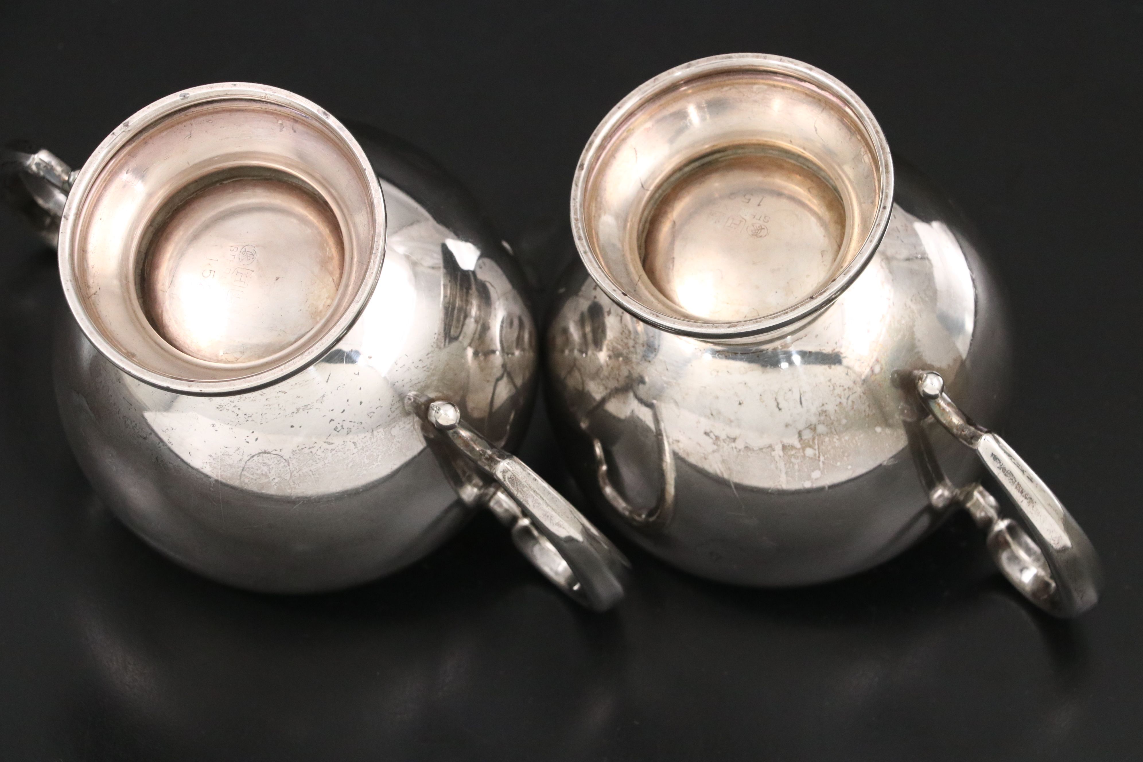 Hunt Silver Co. Sterling Creamer and Sugar with Webster Etched Glass Bowl