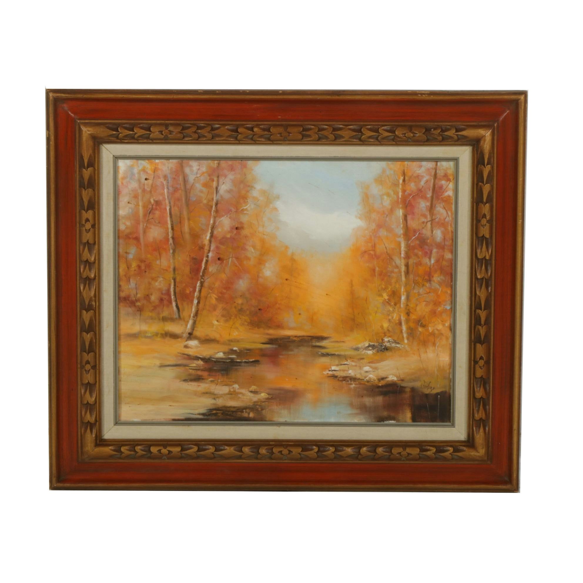 Serene Autumn Riverbed Landscape Oil Painting, Late 20th to Early 21st Century