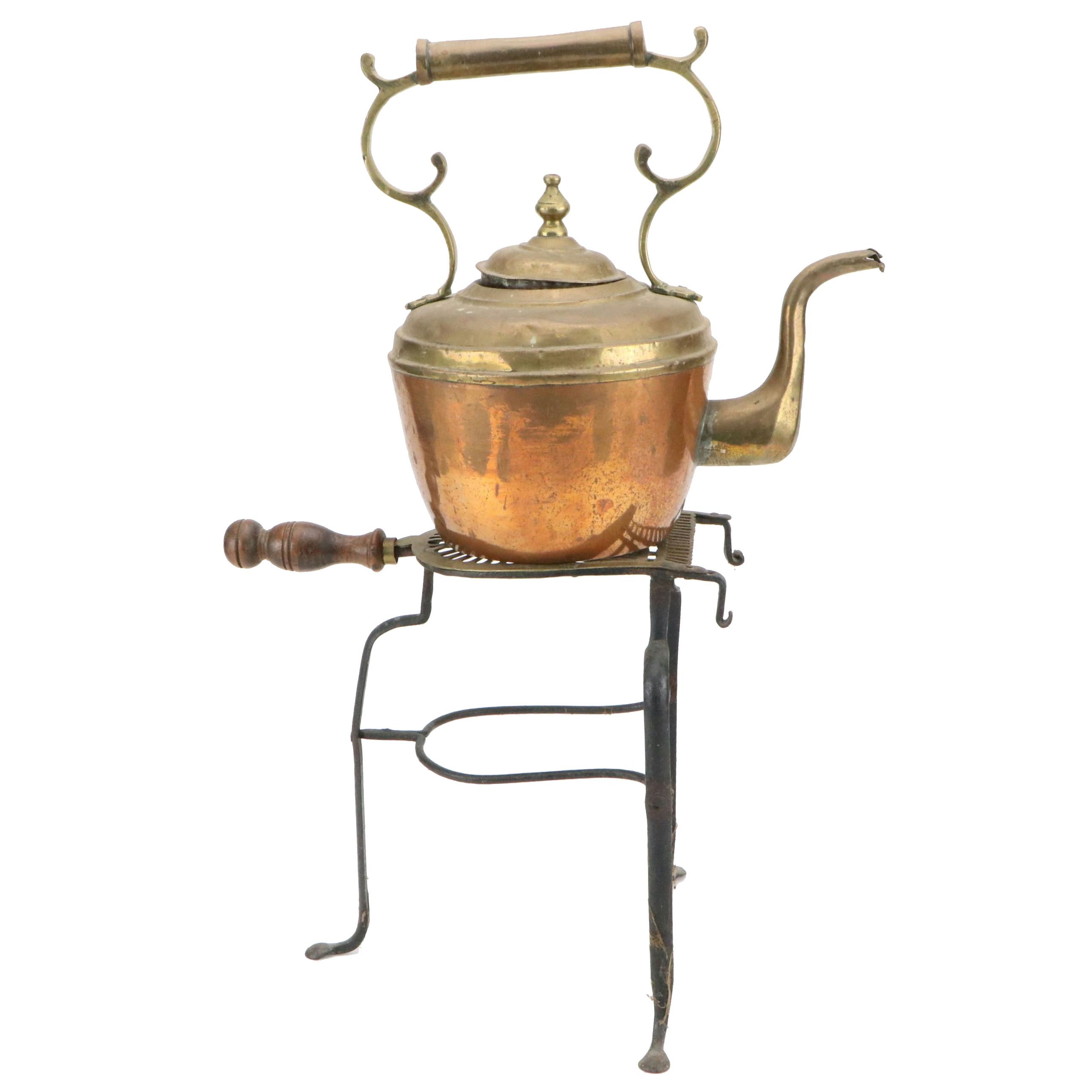 Copper and Brass Kettle with Fireplace Trivet Stand