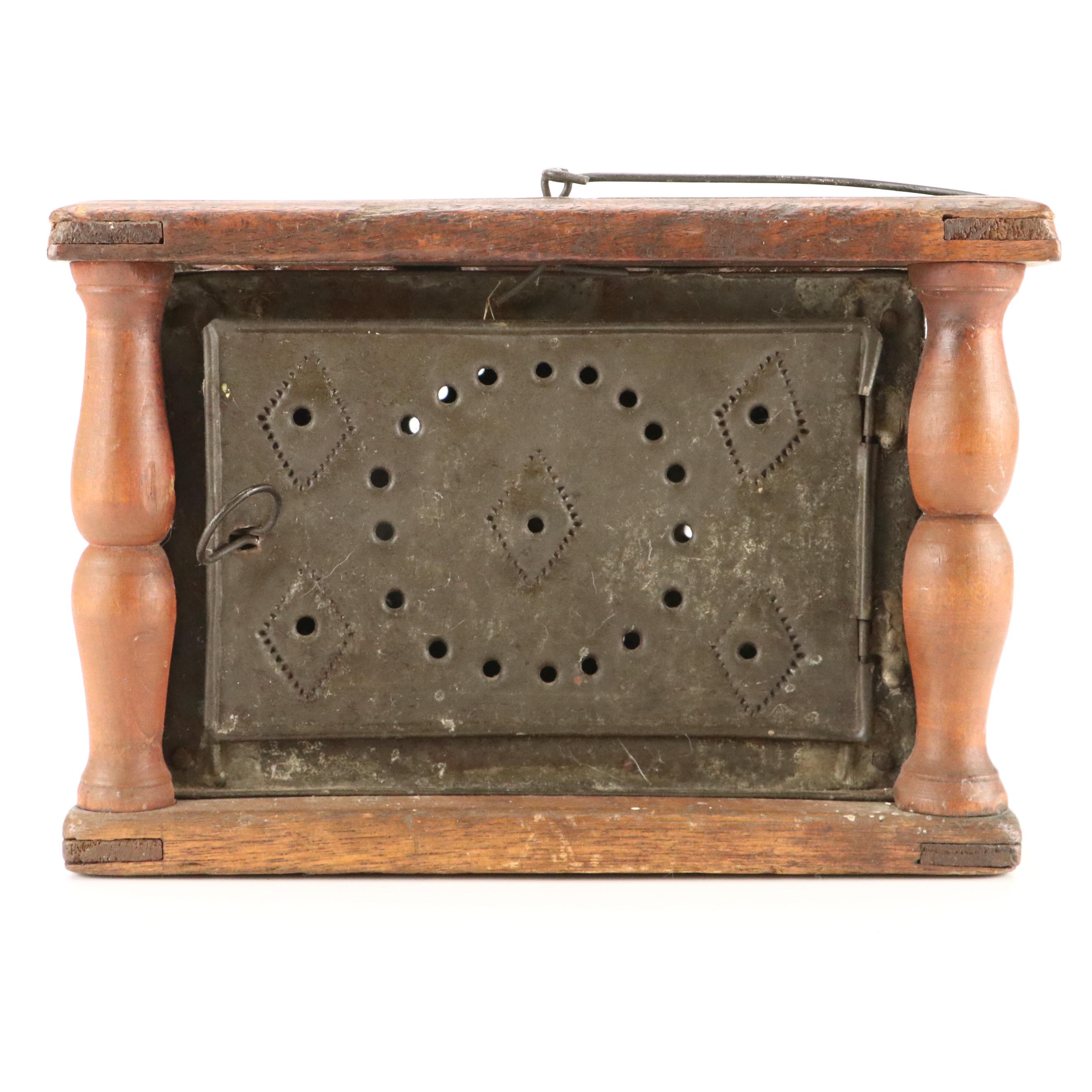 American Punched Tin and Wood Foot Warming Box, Early to Mid-19th Century