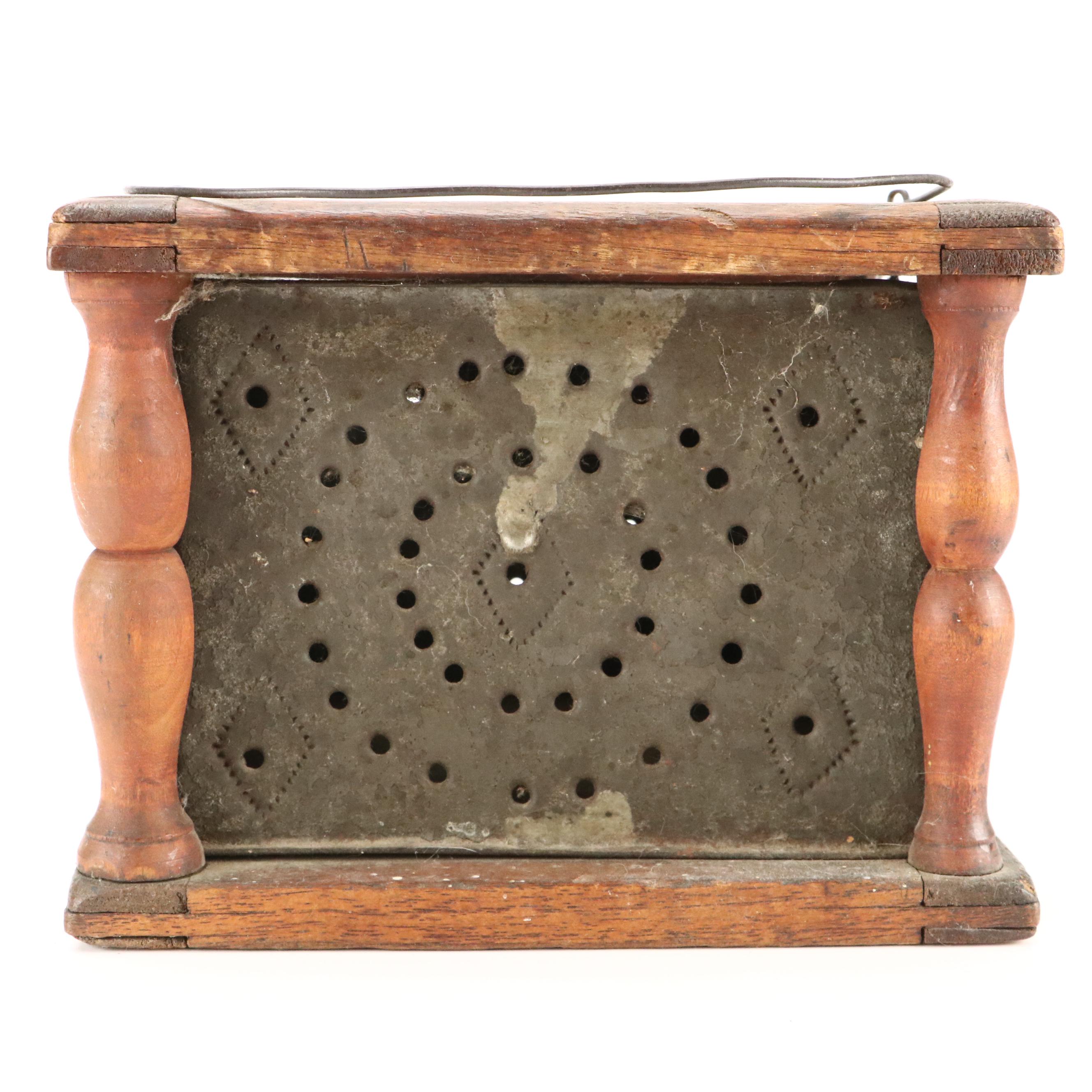 American Punched Tin and Wood Foot Warming Box, Early to Mid-19th Century