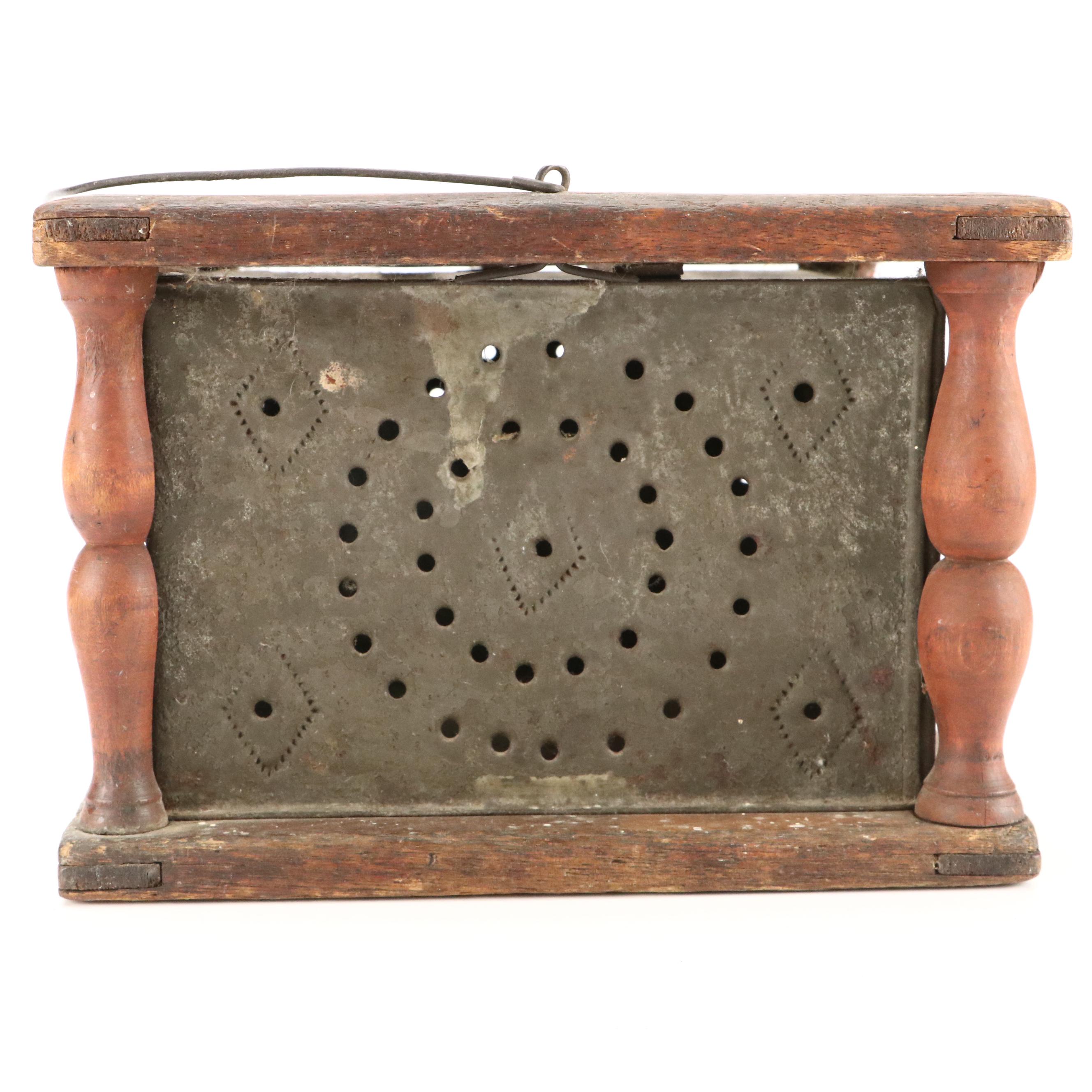 American Punched Tin and Wood Foot Warming Box, Early to Mid-19th Century