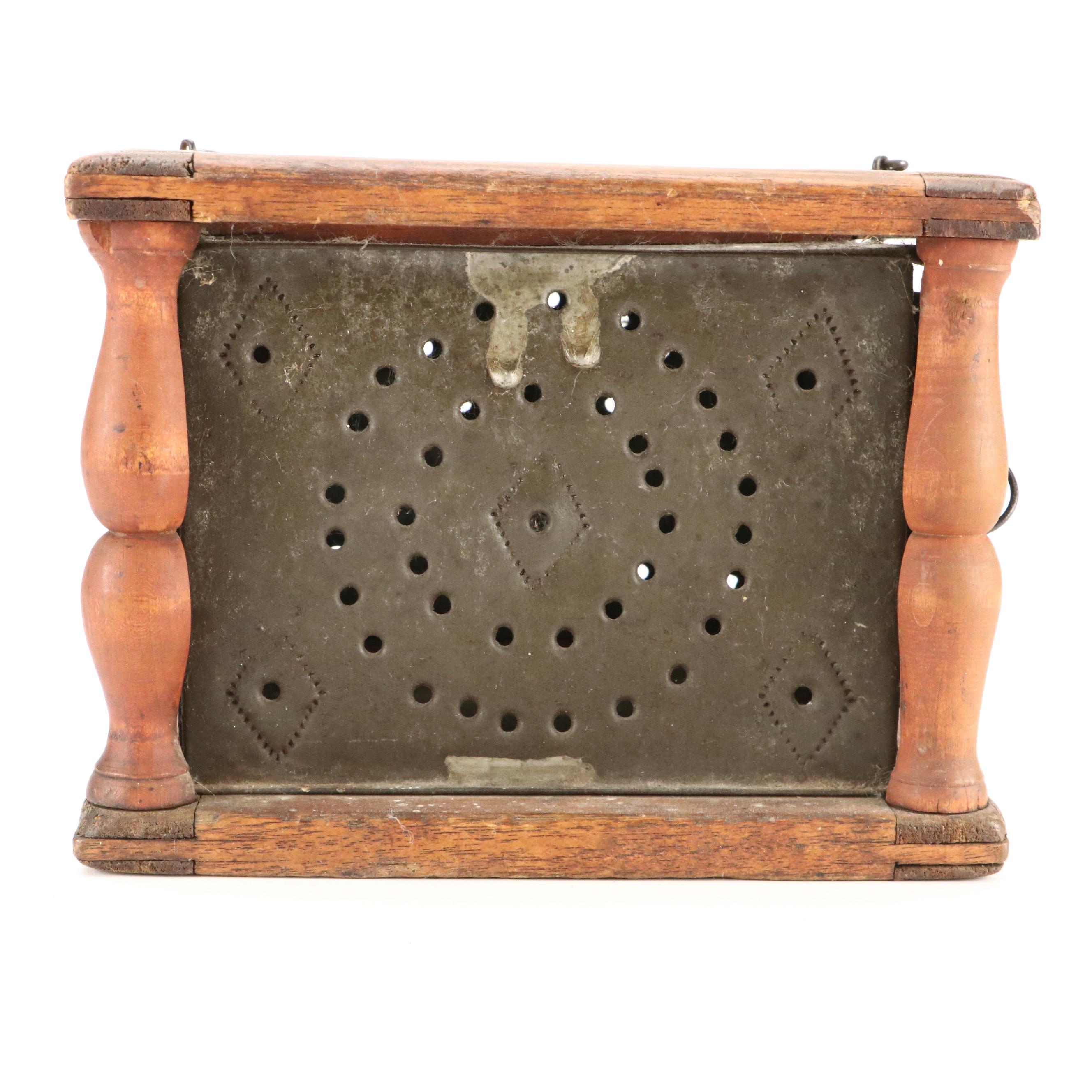 American Punched Tin and Wood Foot Warming Box, Early to Mid-19th Century